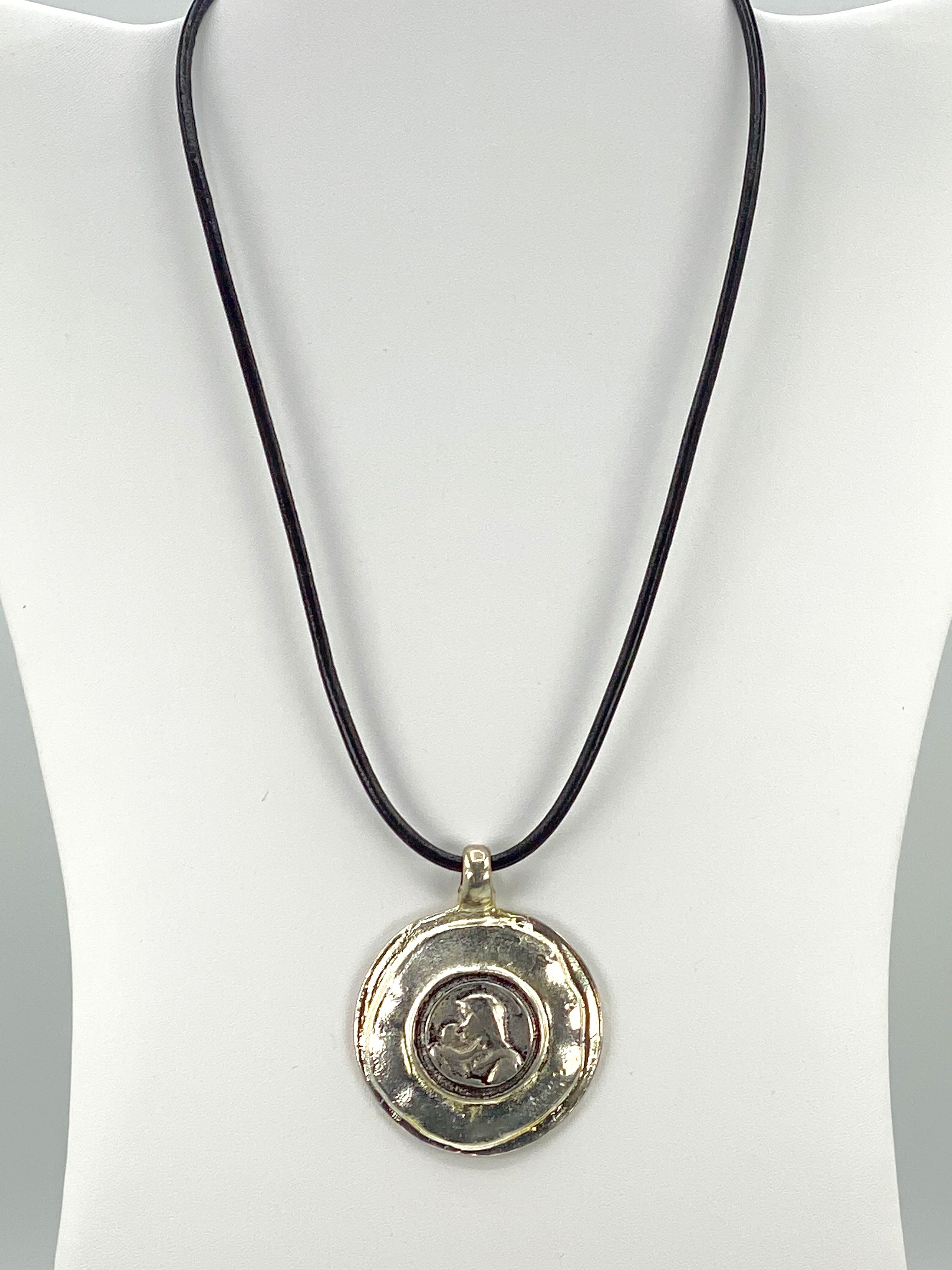 Vintage The Madonna and Child Jesus Medallion Necklace  Handmade Jewelry with Genuine Leather Strap by Graciela's Collection