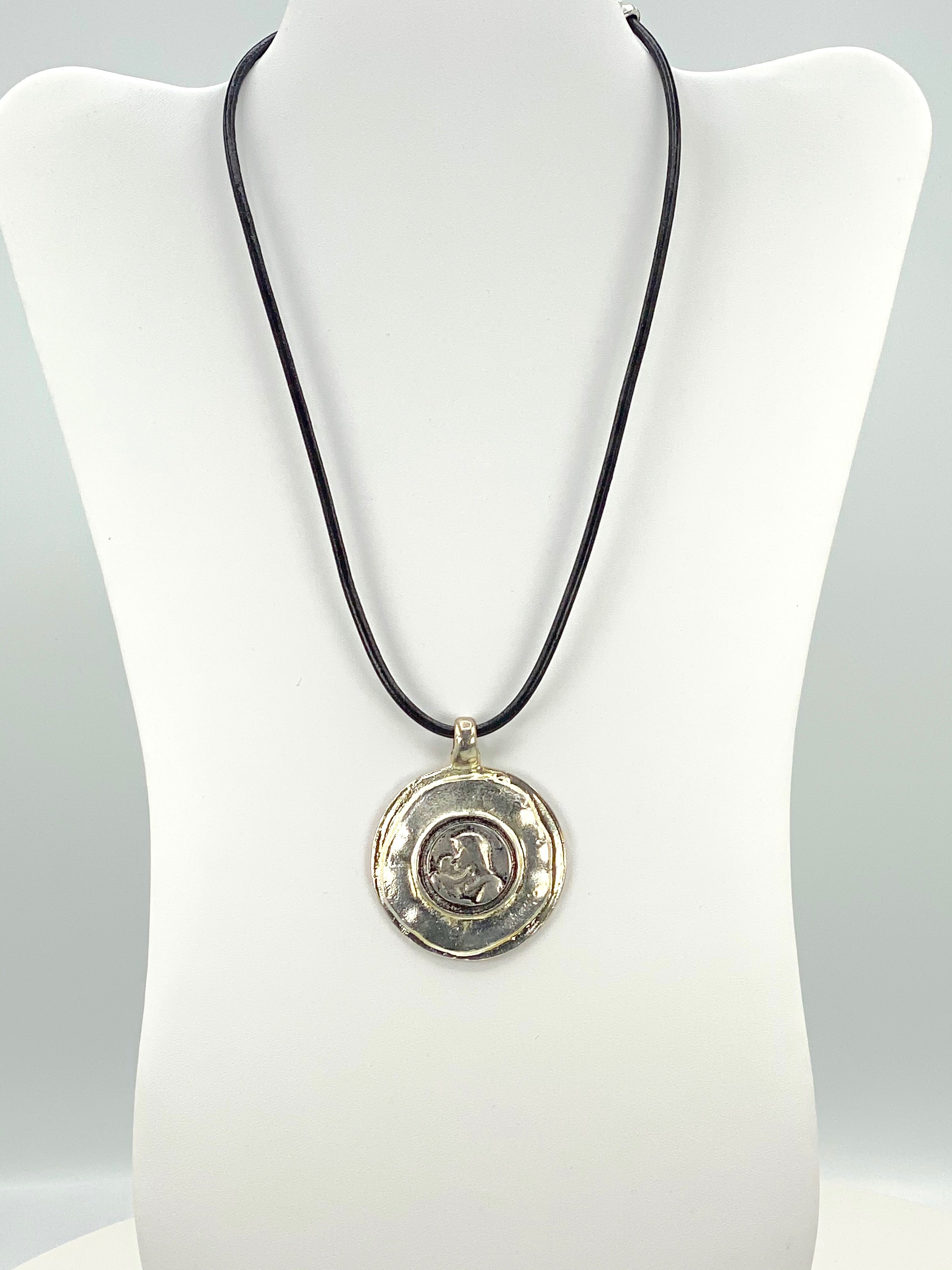 Vintage The Madonna and Child Jesus Medallion Necklace  Handmade Jewelry with Genuine Leather Strap by Graciela's Collection