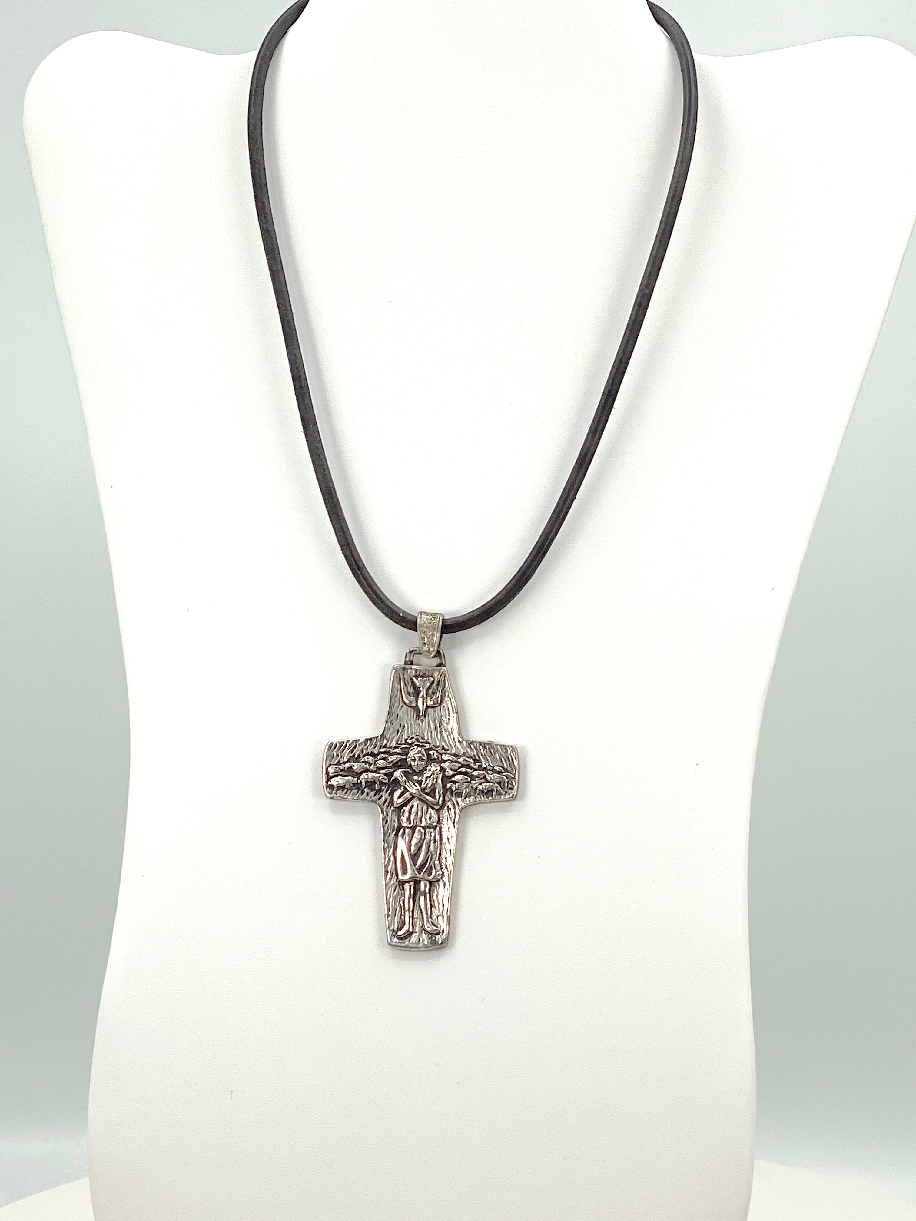 Vintage Necklace of the Good Sheppard  Handmade Jewelry with Genuine Leather Strap by Graciela's Collection
