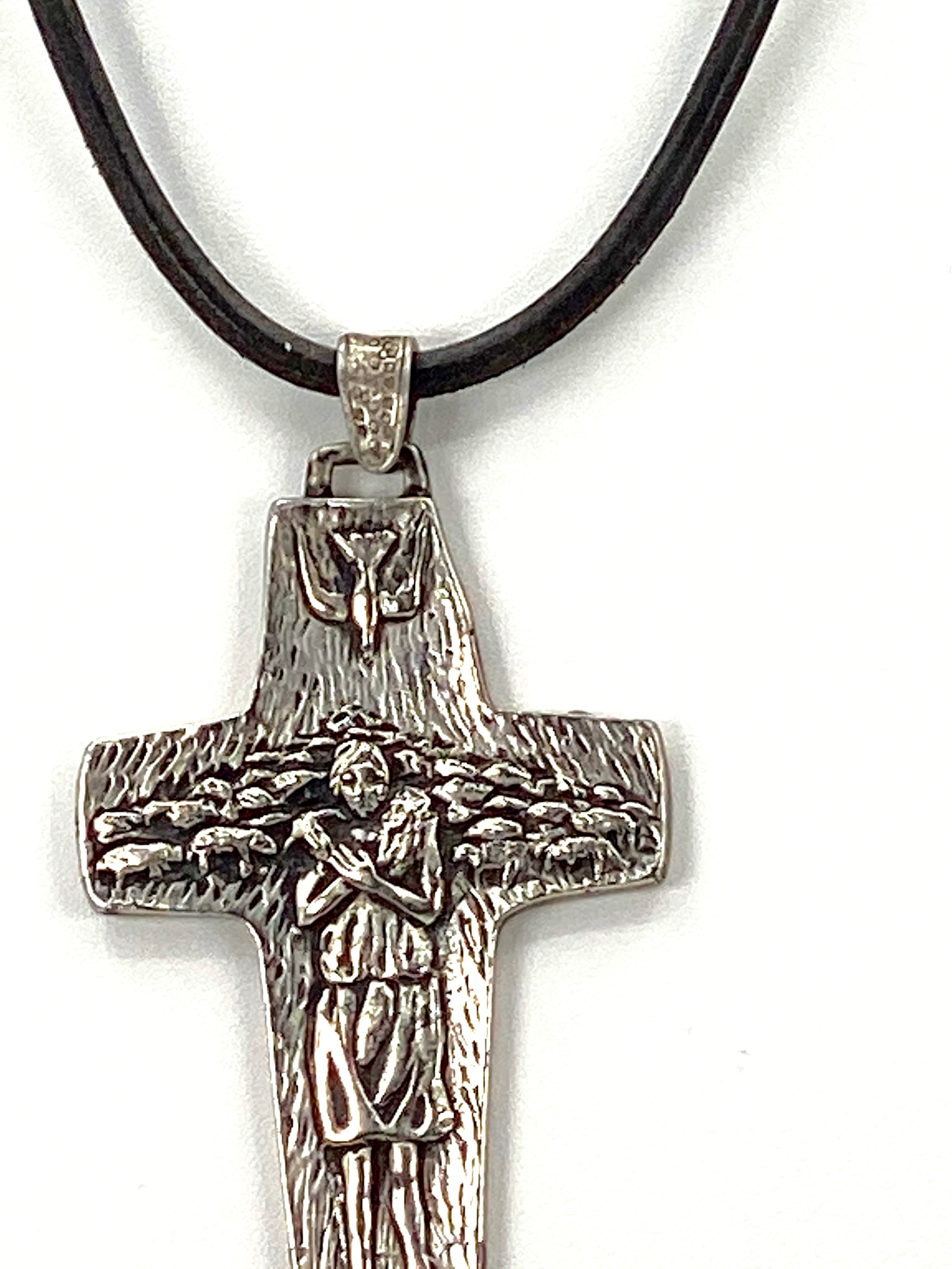 Vintage Necklace of the Good Sheppard  Handmade Jewelry with Genuine Leather Strap by Graciela's Collection