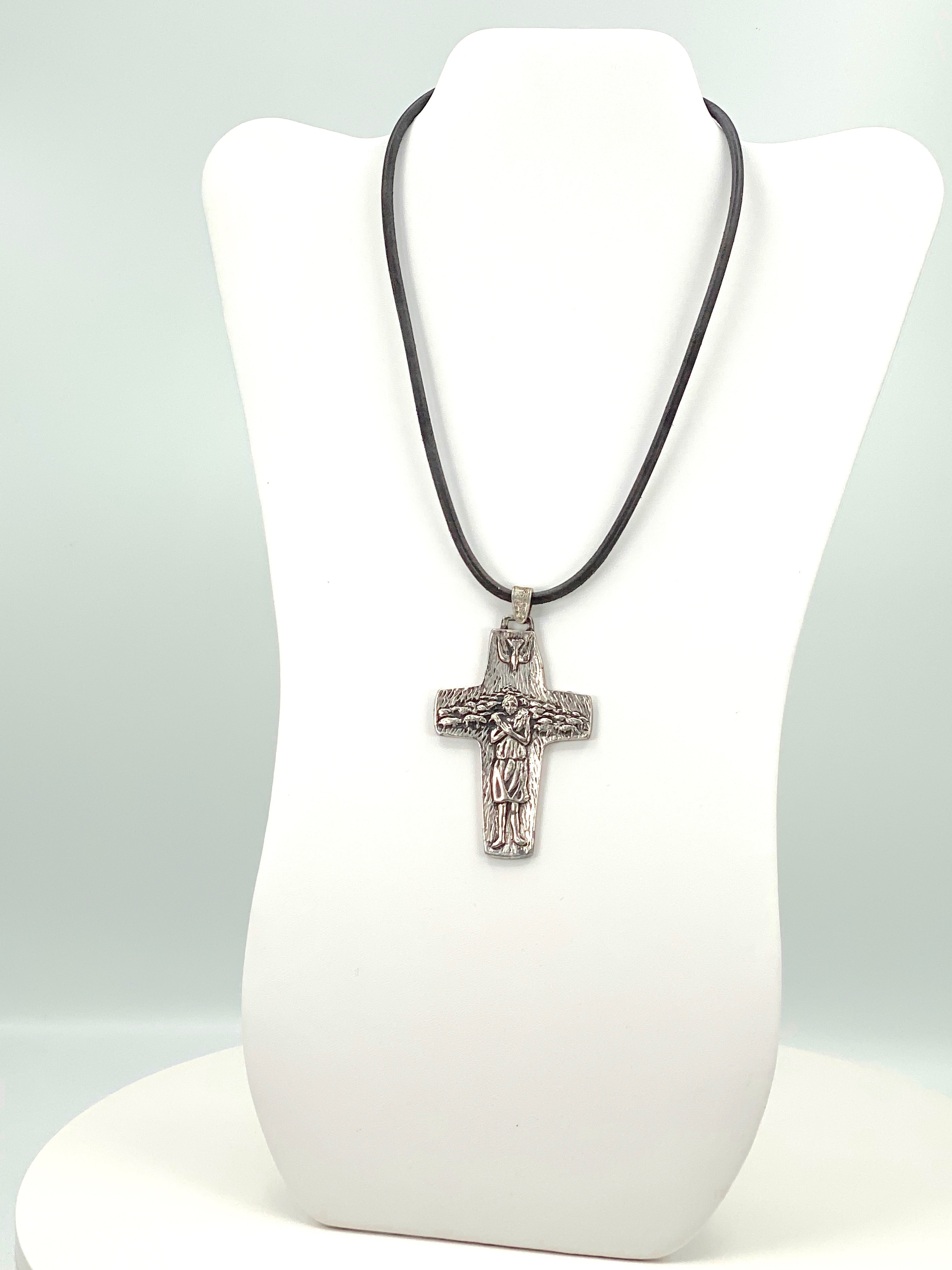 Vintage Necklace of the Good Sheppard  Handmade Jewelry with Genuine Leather Strap by Graciela's Collection