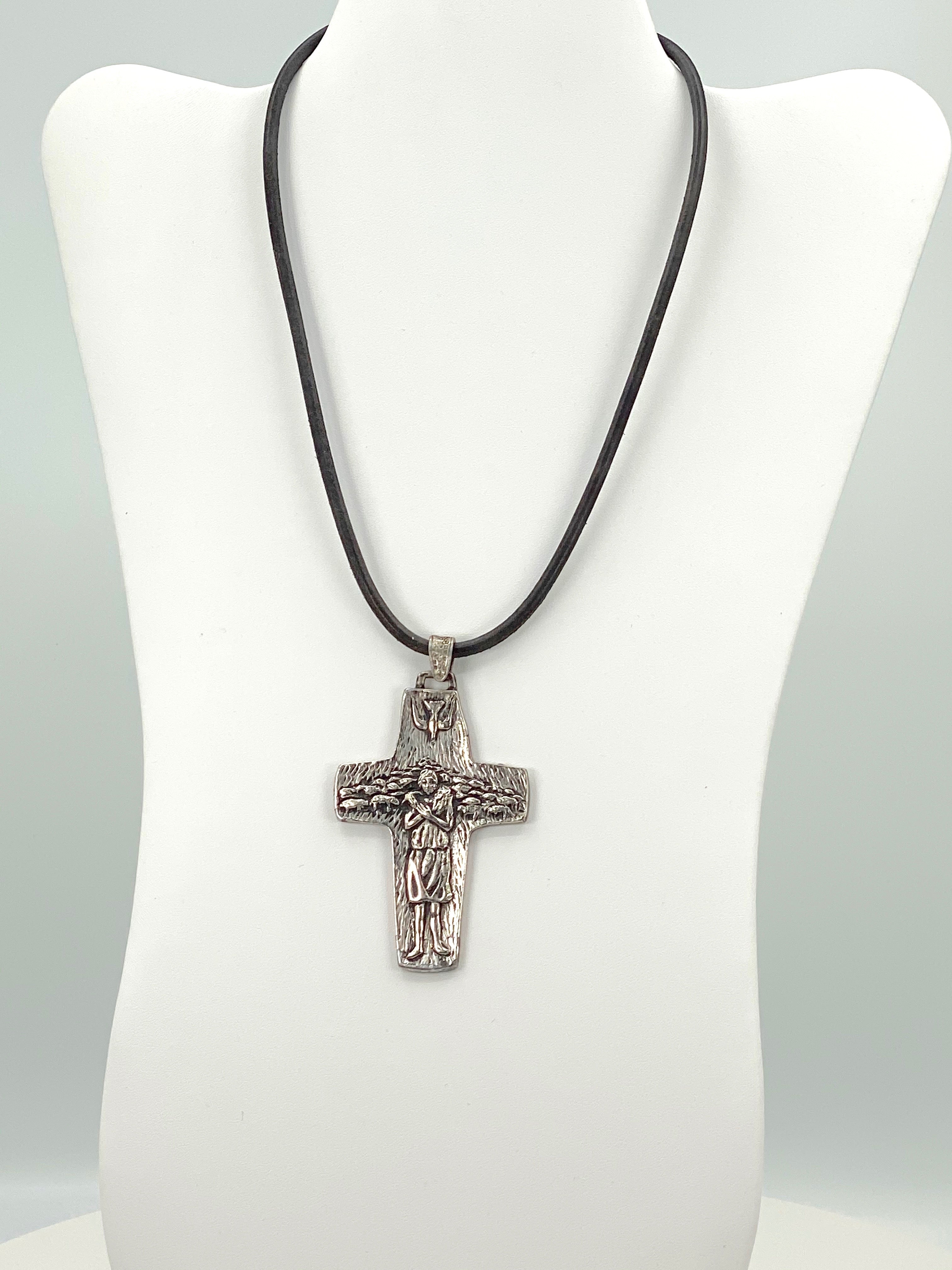 Vintage Necklace of the Good Sheppard  Handmade Jewelry with Genuine Leather Strap by Graciela's Collection