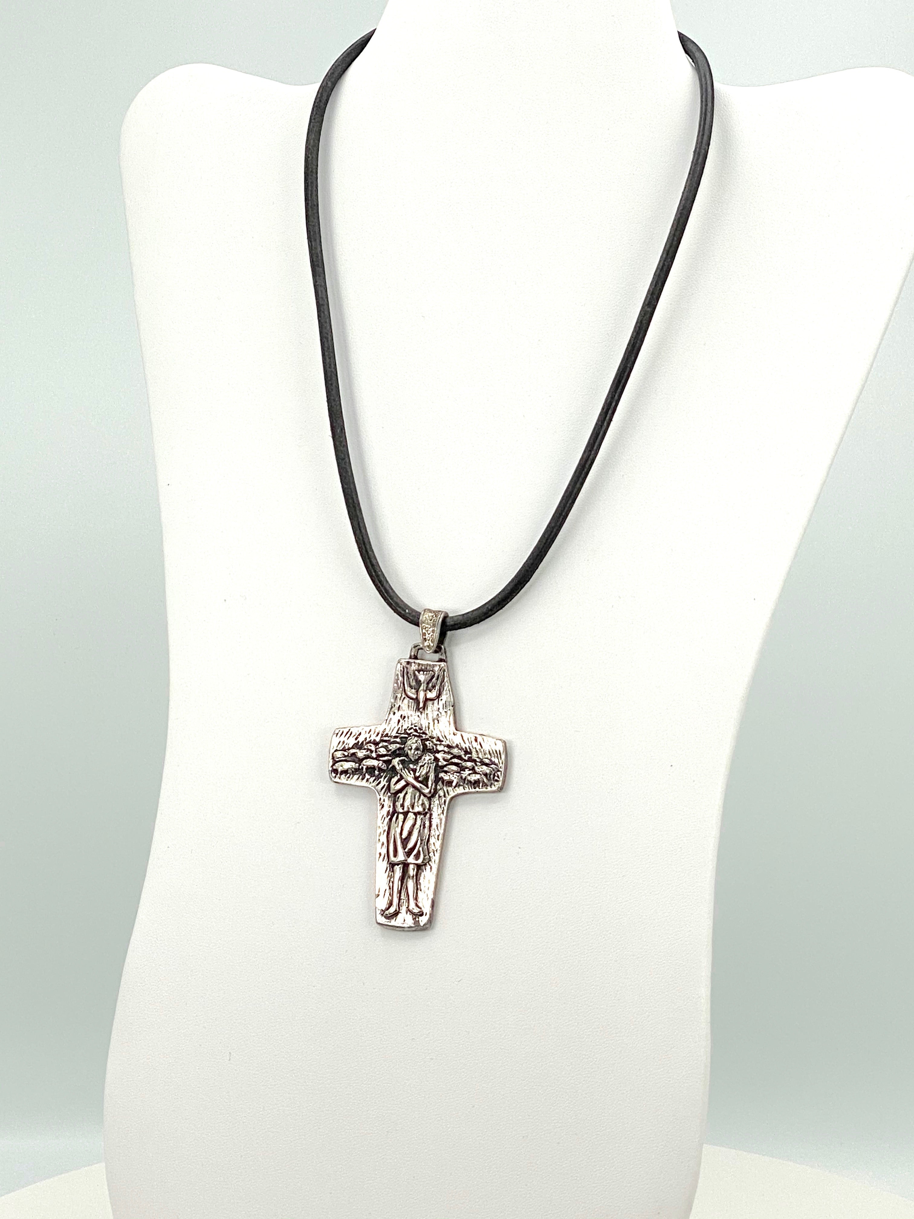 Vintage Necklace of the Good Sheppard  Handmade Jewelry with Genuine Leather Strap by Graciela's Collection