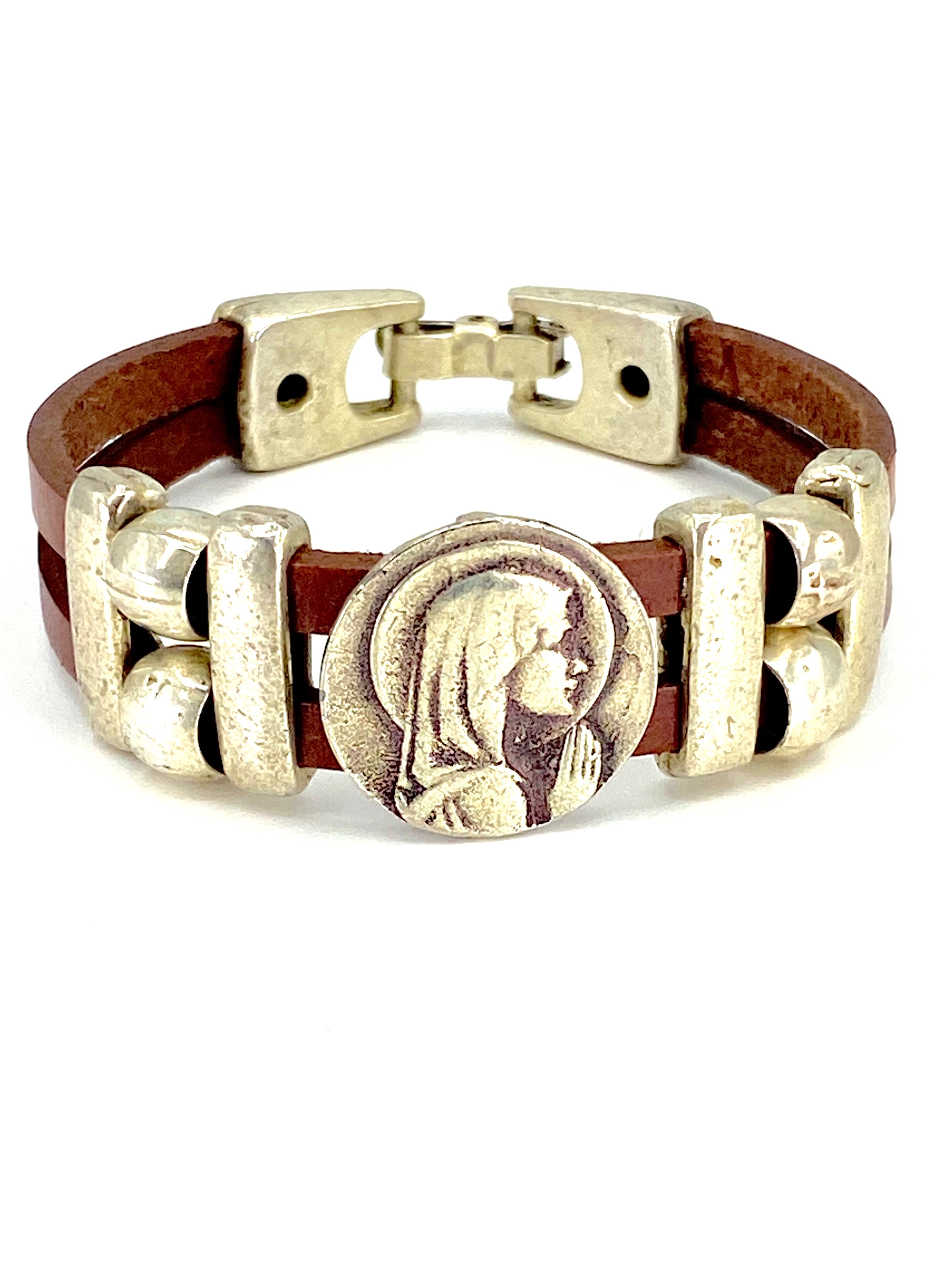 Pulsera Virgen María Vintage joyería artesanal con Doble Correa de Piel de Graciela's Collection