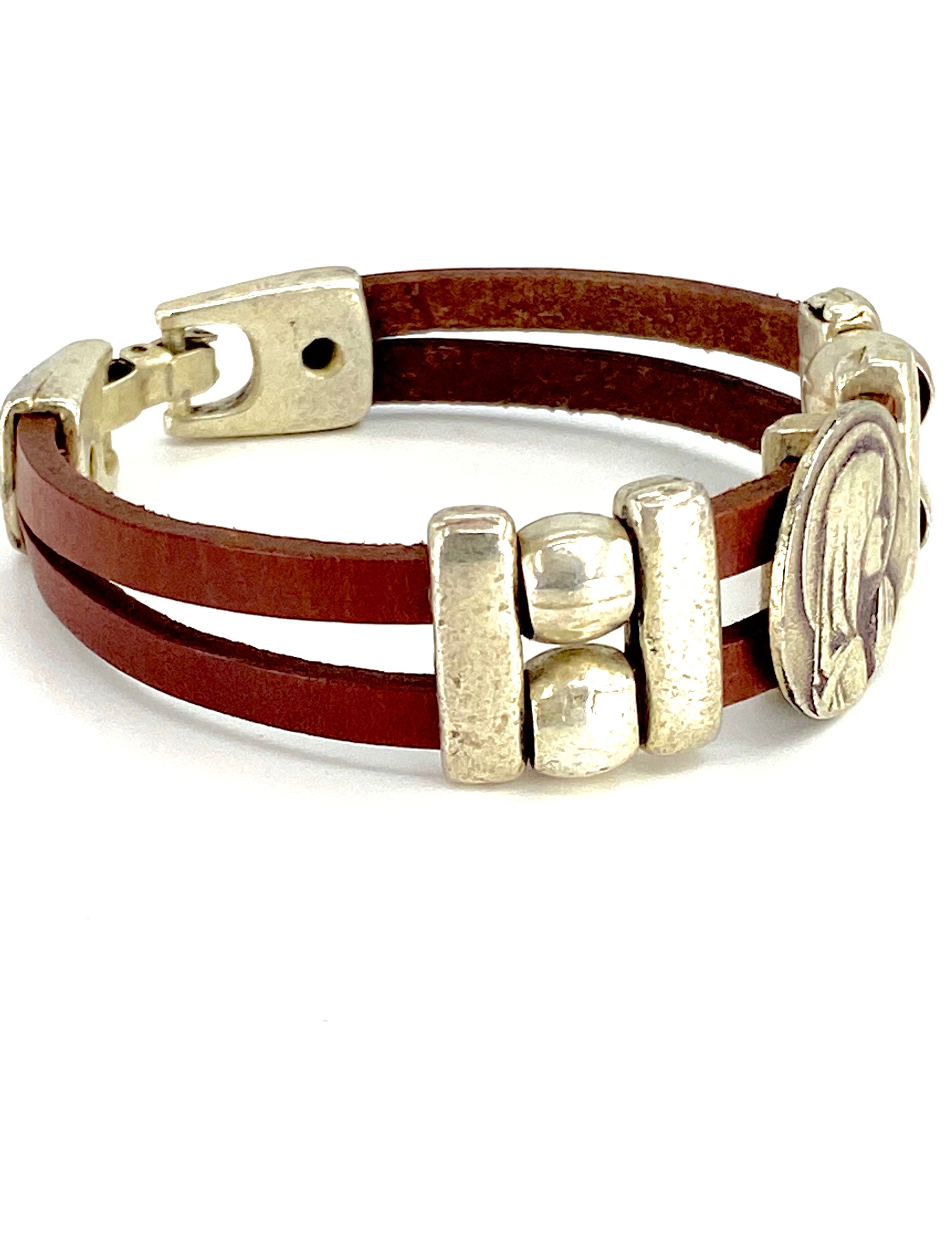 Pulsera Virgen María Vintage joyería artesanal con Doble Correa de Piel de Graciela's Collection