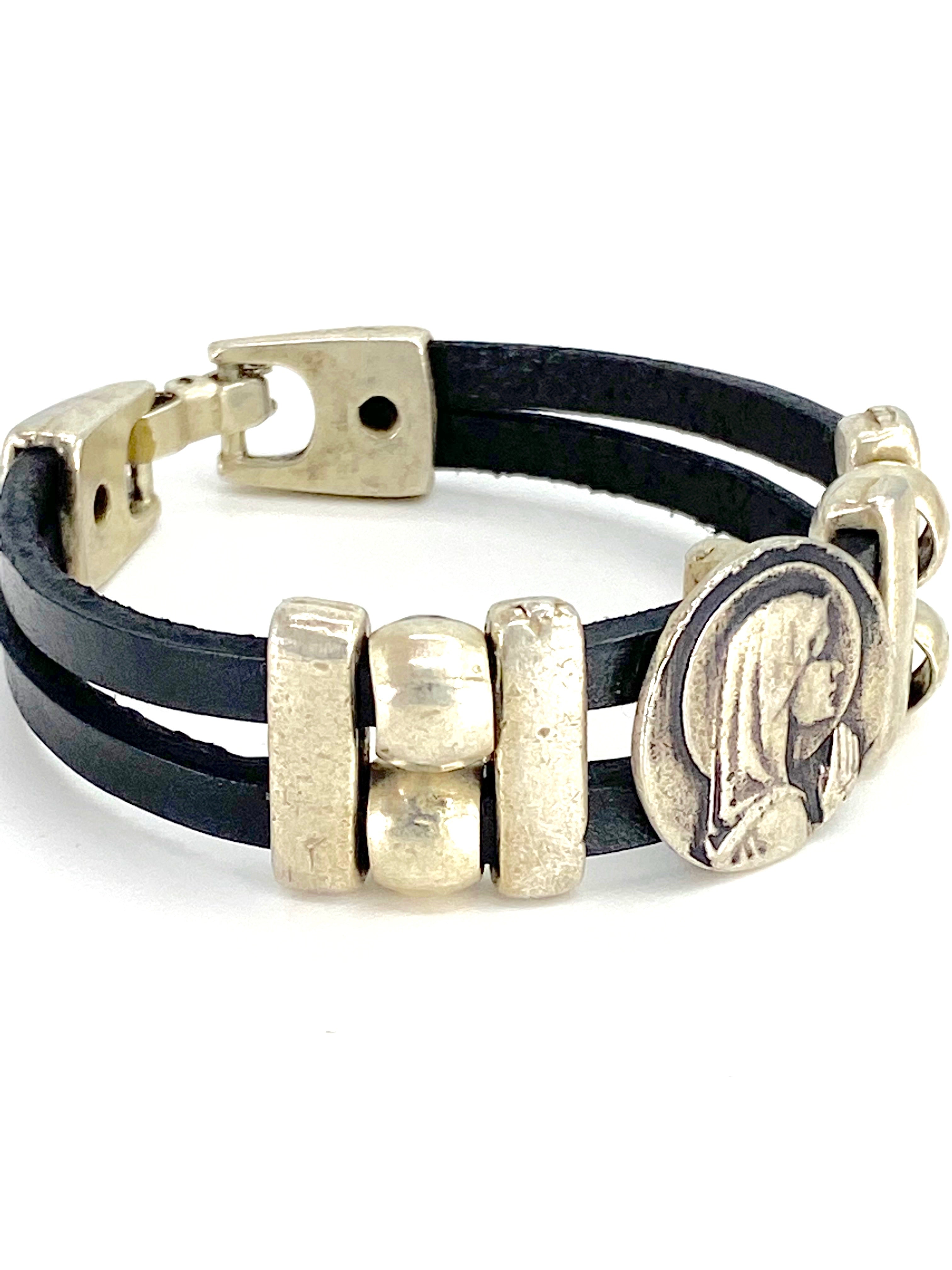 Pulsera Virgen María Vintage joyería artesanal con Doble Correa de Piel de Graciela's Collection