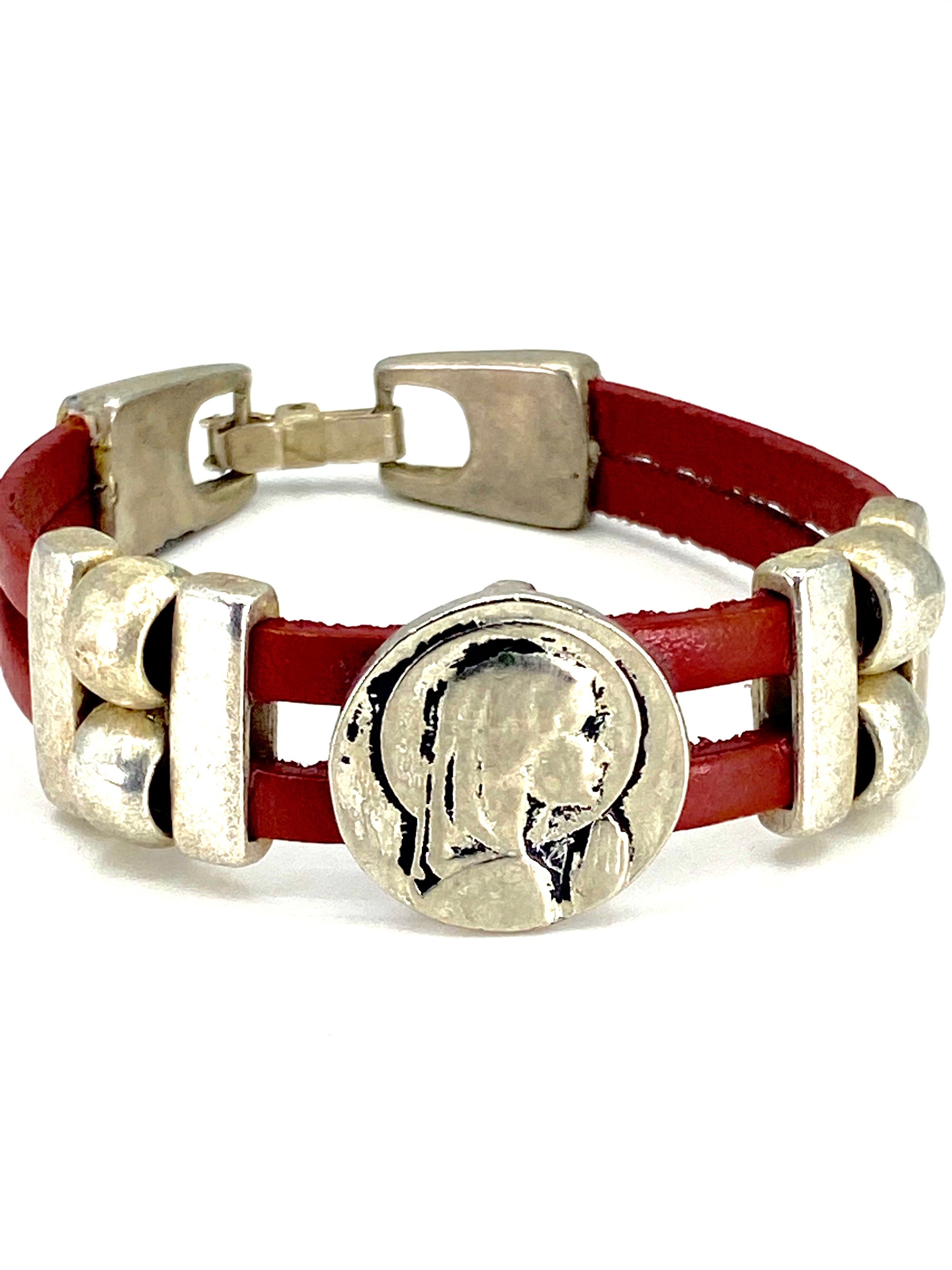 Pulsera Virgen María Vintage joyería artesanal con Doble Correa de Piel de Graciela's Collection