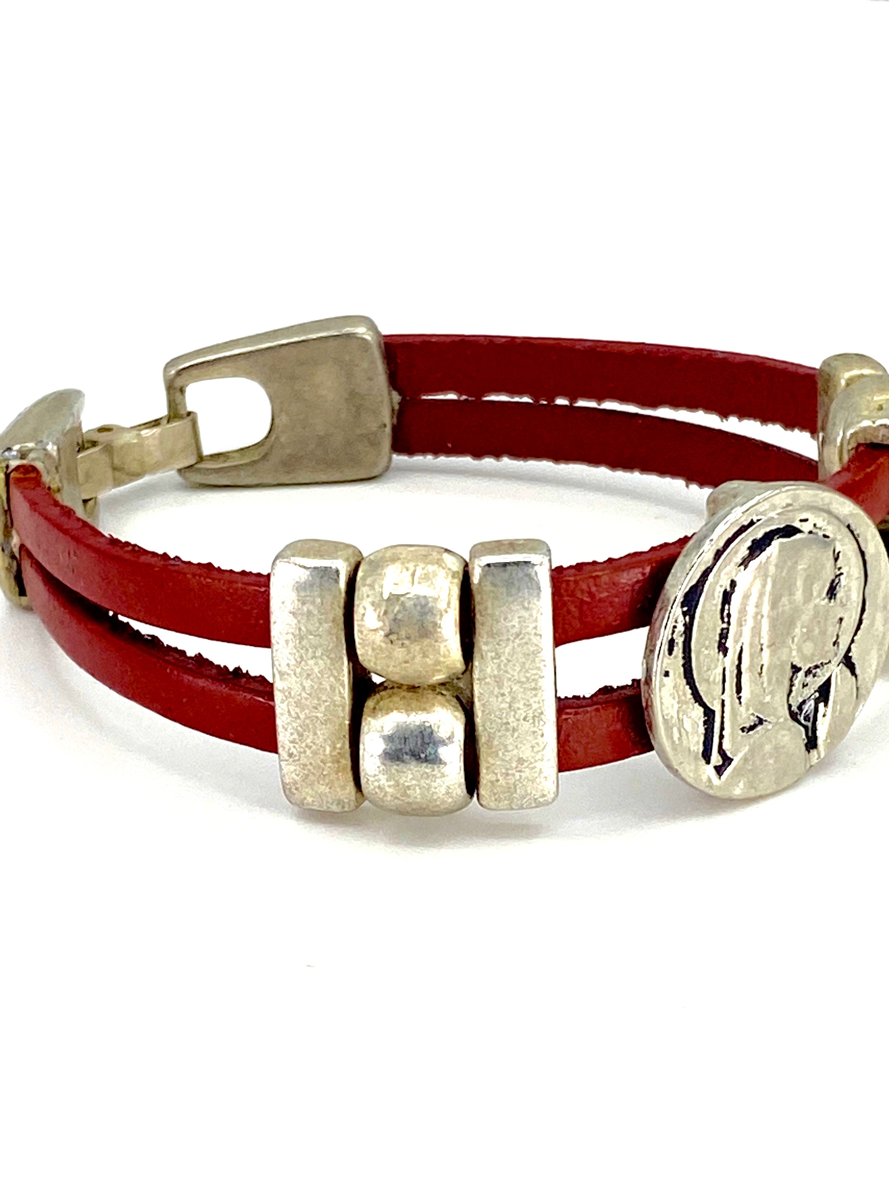 Pulsera Virgen María Vintage joyería artesanal con Doble Correa de Piel de Graciela's Collection