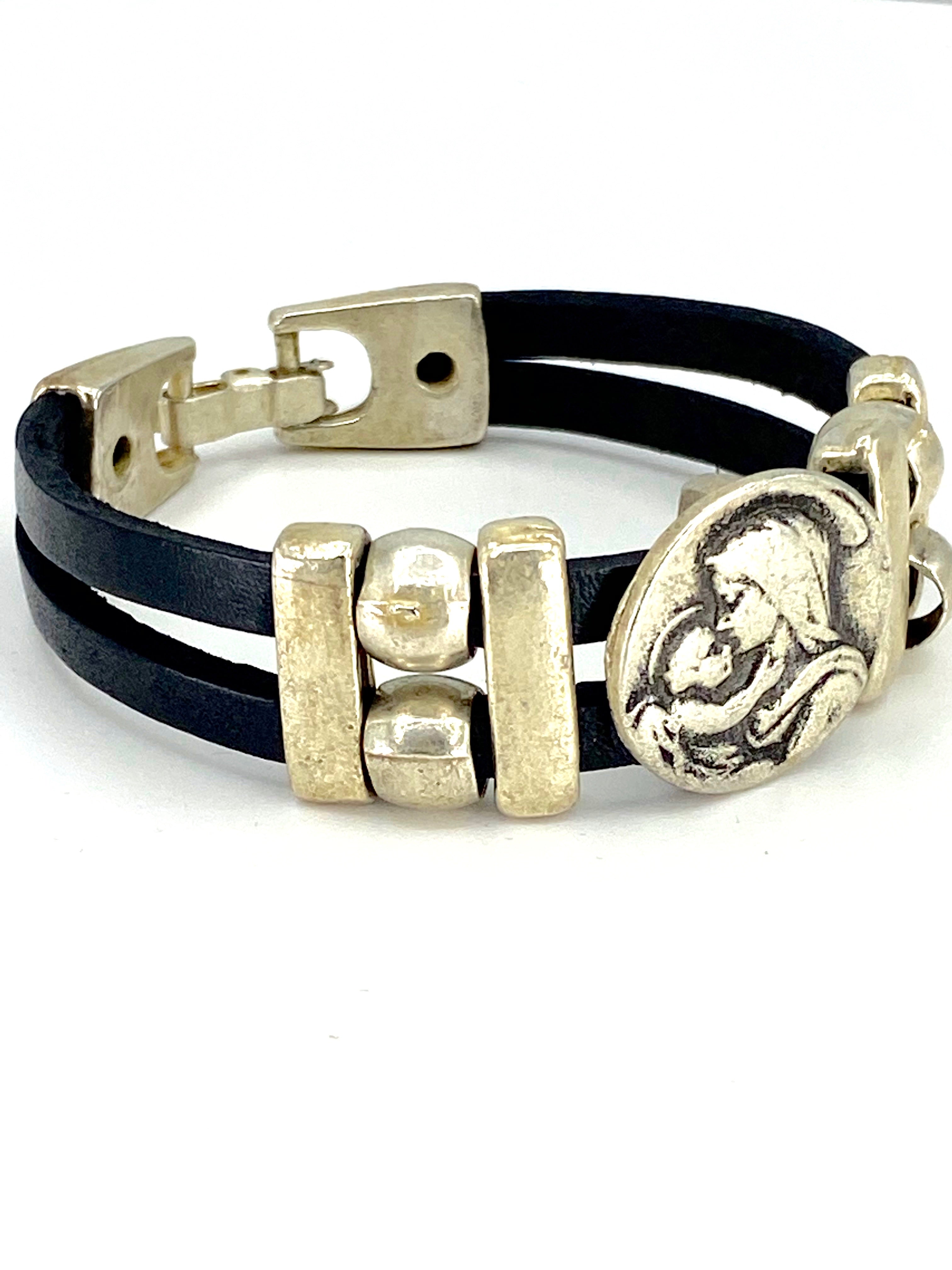 Bracelet of  The Madonna and Child Jesus bracelet handmade jewelry with Double Leather Straps by Graciela's Collection