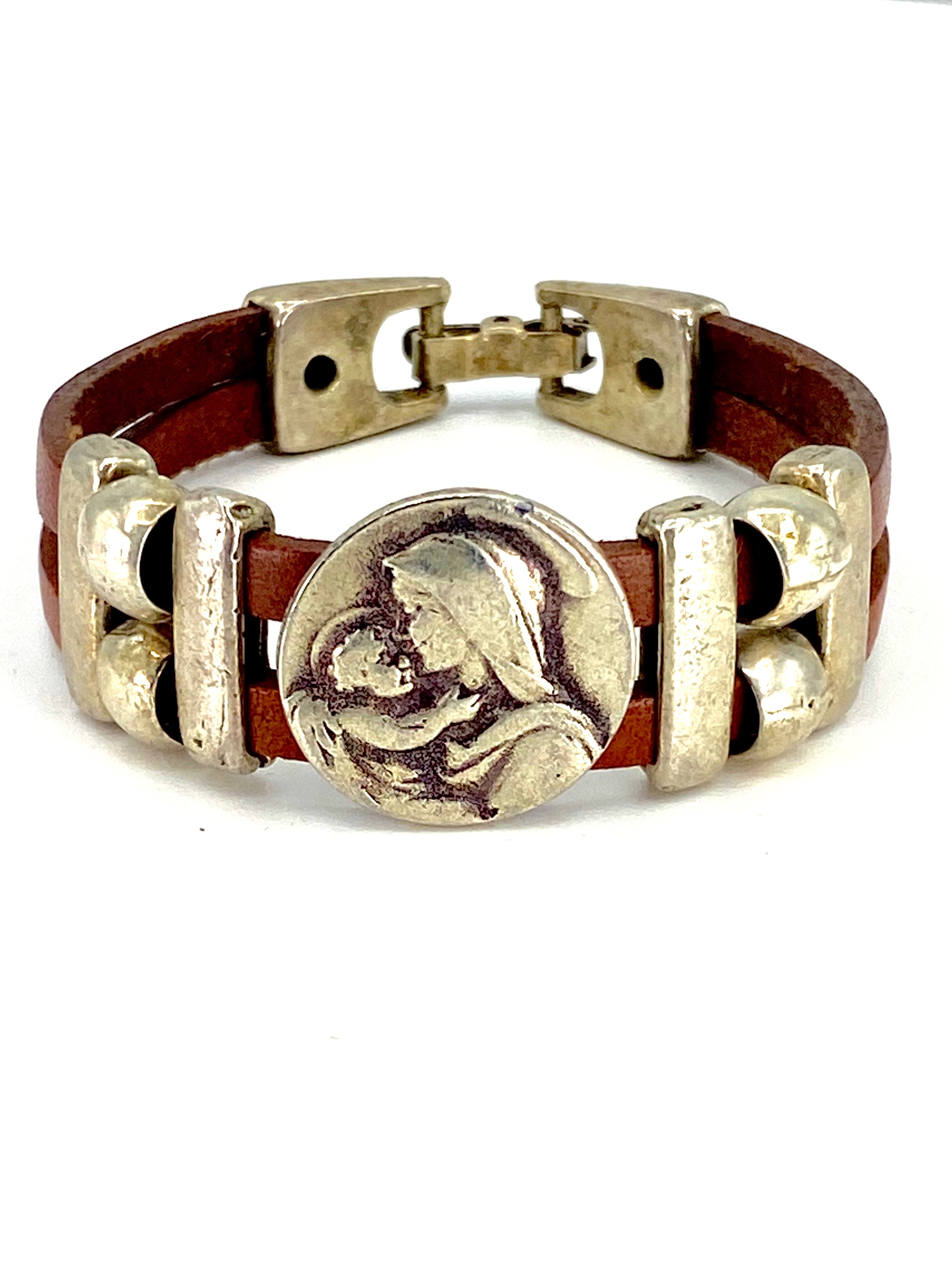 Bracelet of  The Madonna and Child Jesus bracelet handmade jewelry with Double Leather Straps by Graciela's Collection
