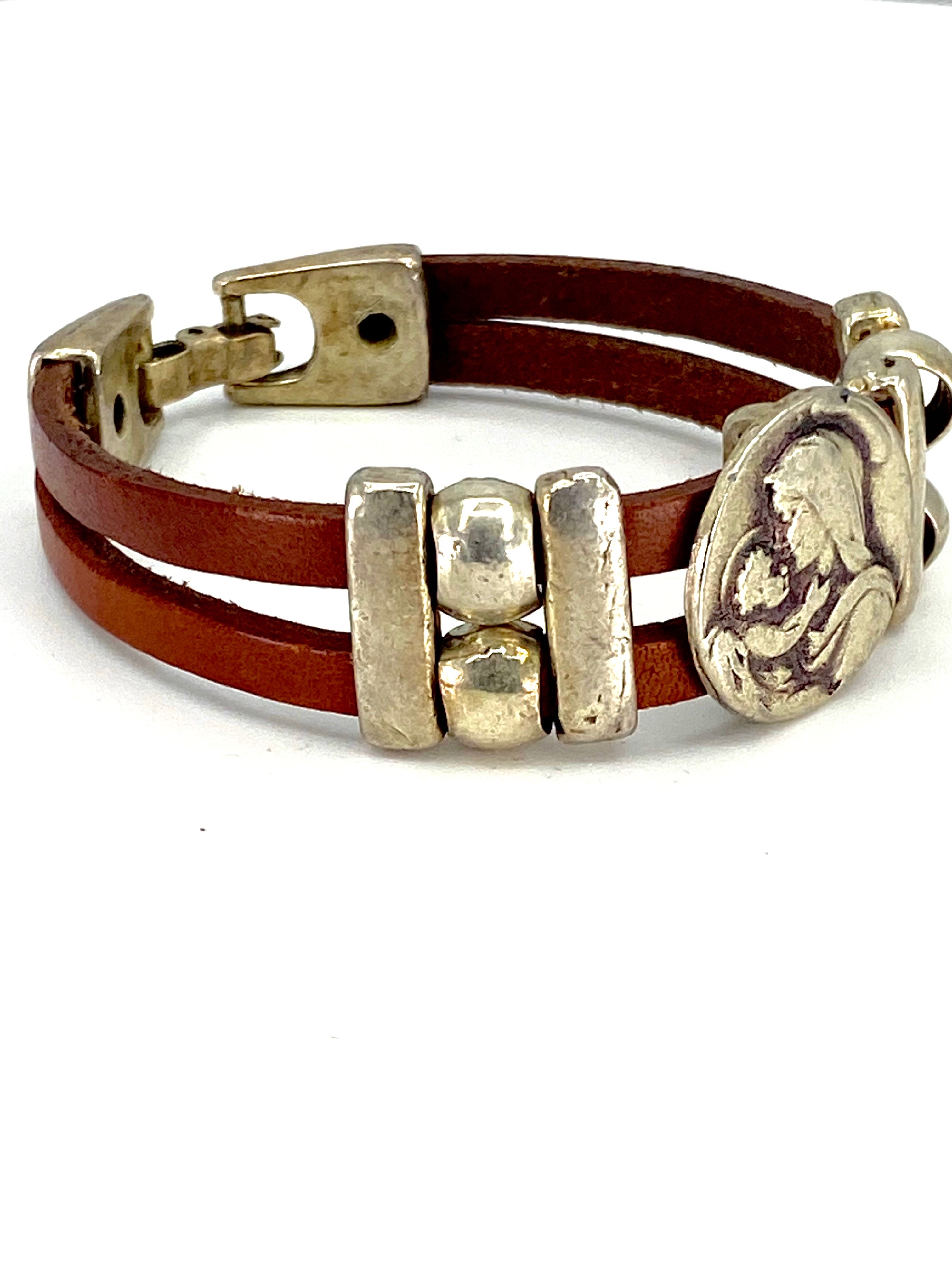 Bracelet of  The Madonna and Child Jesus bracelet handmade jewelry with Double Leather Straps by Graciela's Collection