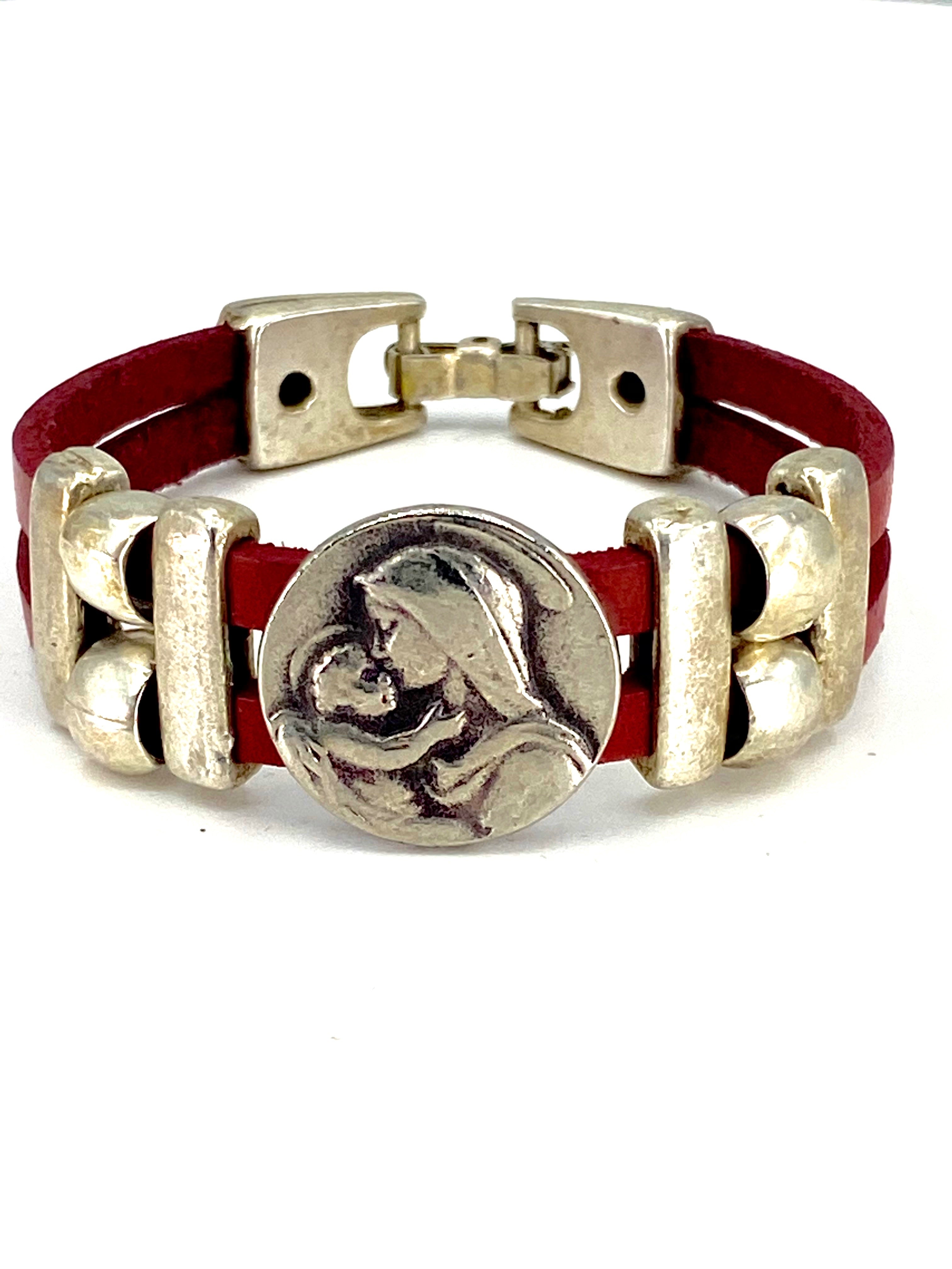 Bracelet of  The Madonna and Child Jesus bracelet handmade jewelry with Double Leather Straps by Graciela's Collection