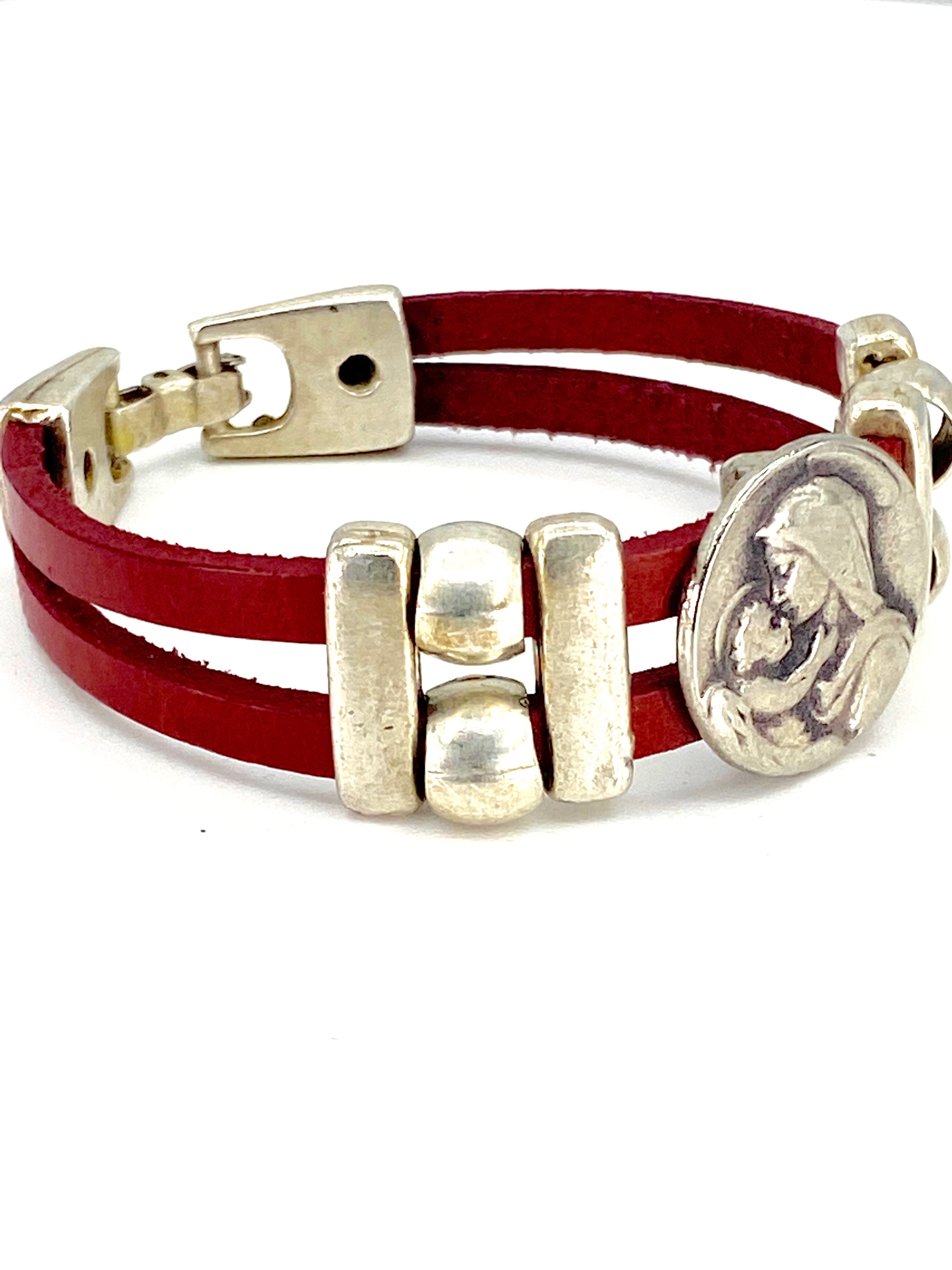 Bracelet of  The Madonna and Child Jesus bracelet handmade jewelry with Double Leather Straps by Graciela's Collection