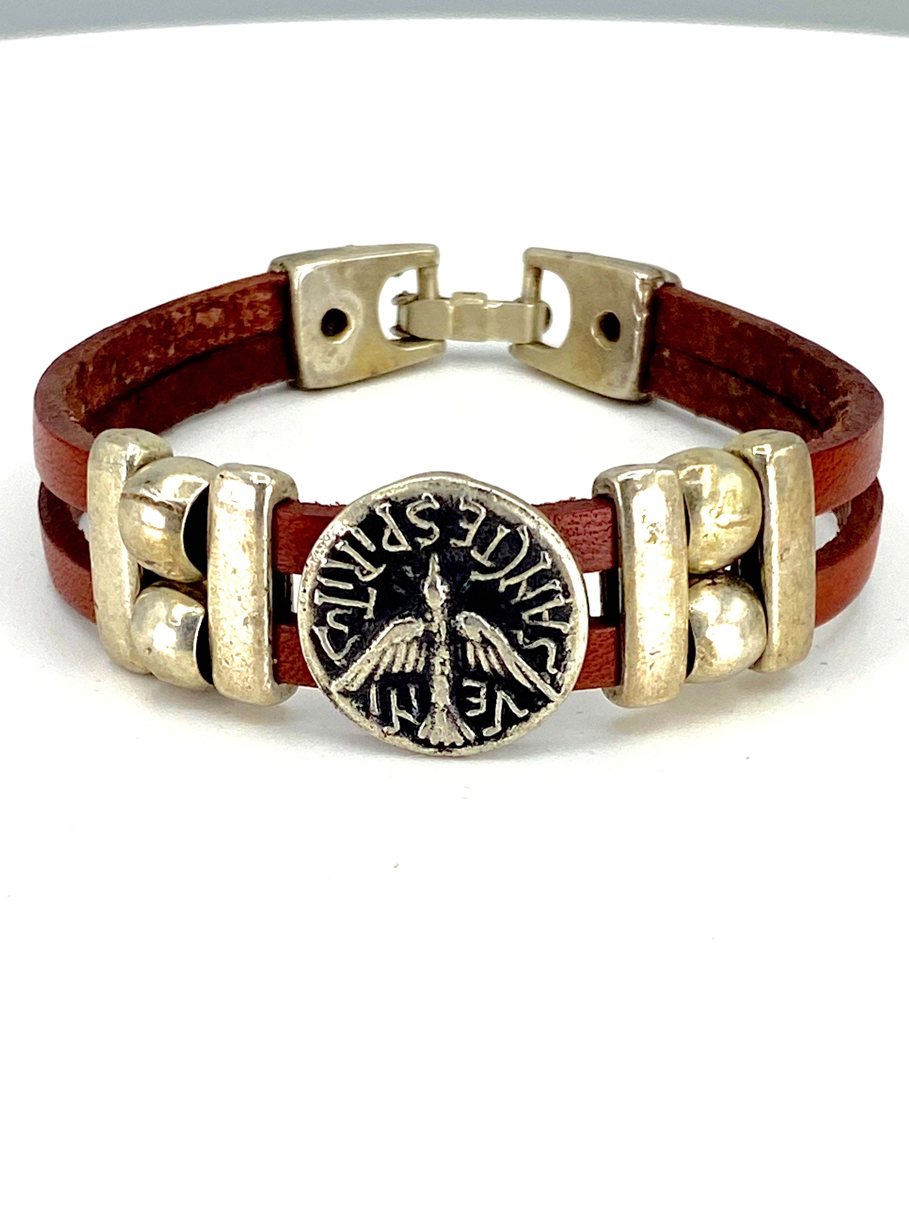Vintage The Holy Spirit Bracelet handmade jewelry with Leather straps  by Graciela's Collection