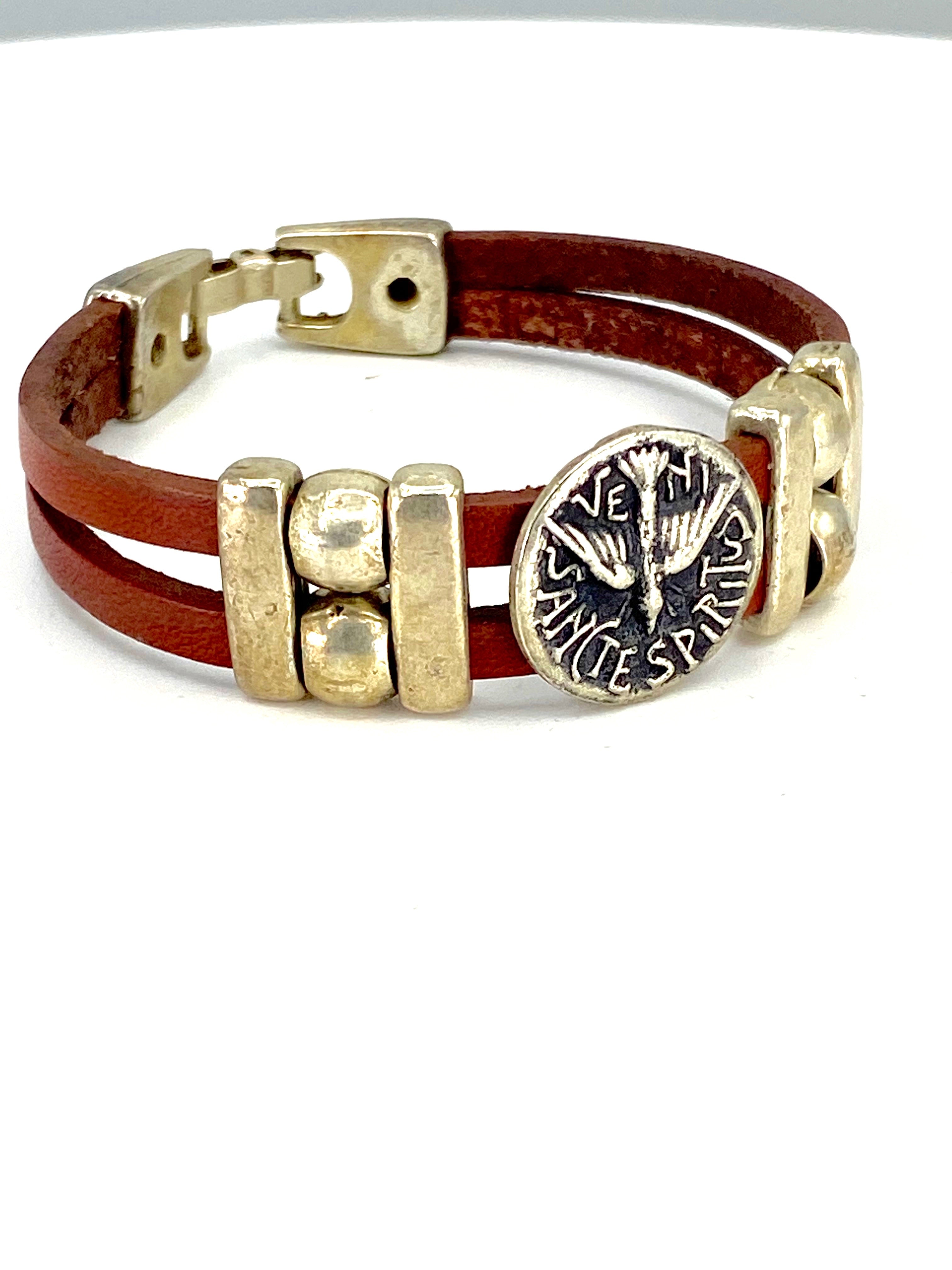 Vintage The Holy Spirit Bracelet handmade jewelry with Leather straps  by Graciela's Collection
