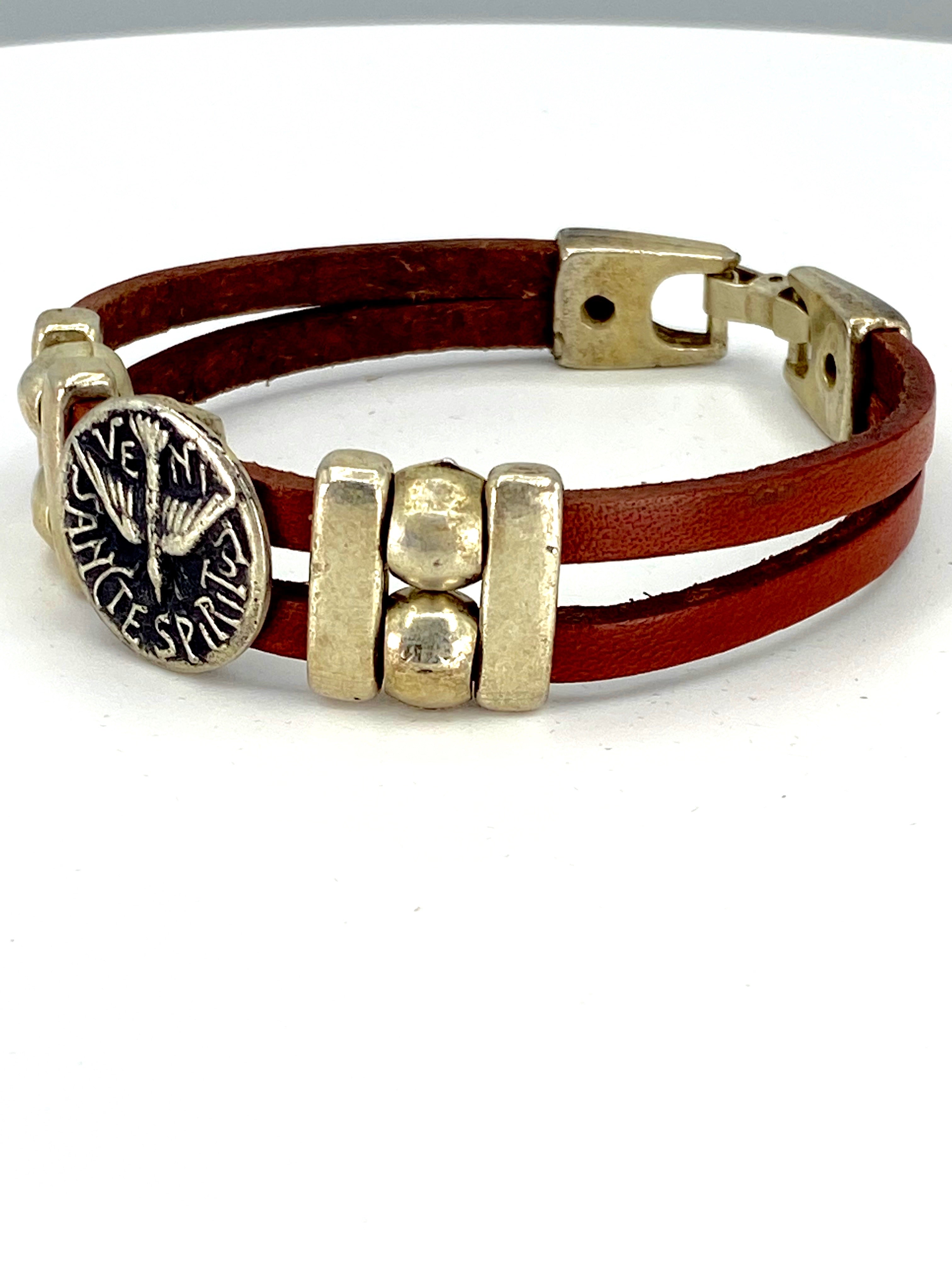 Vintage The Holy Spirit Bracelet handmade jewelry with Leather straps  by Graciela's Collection