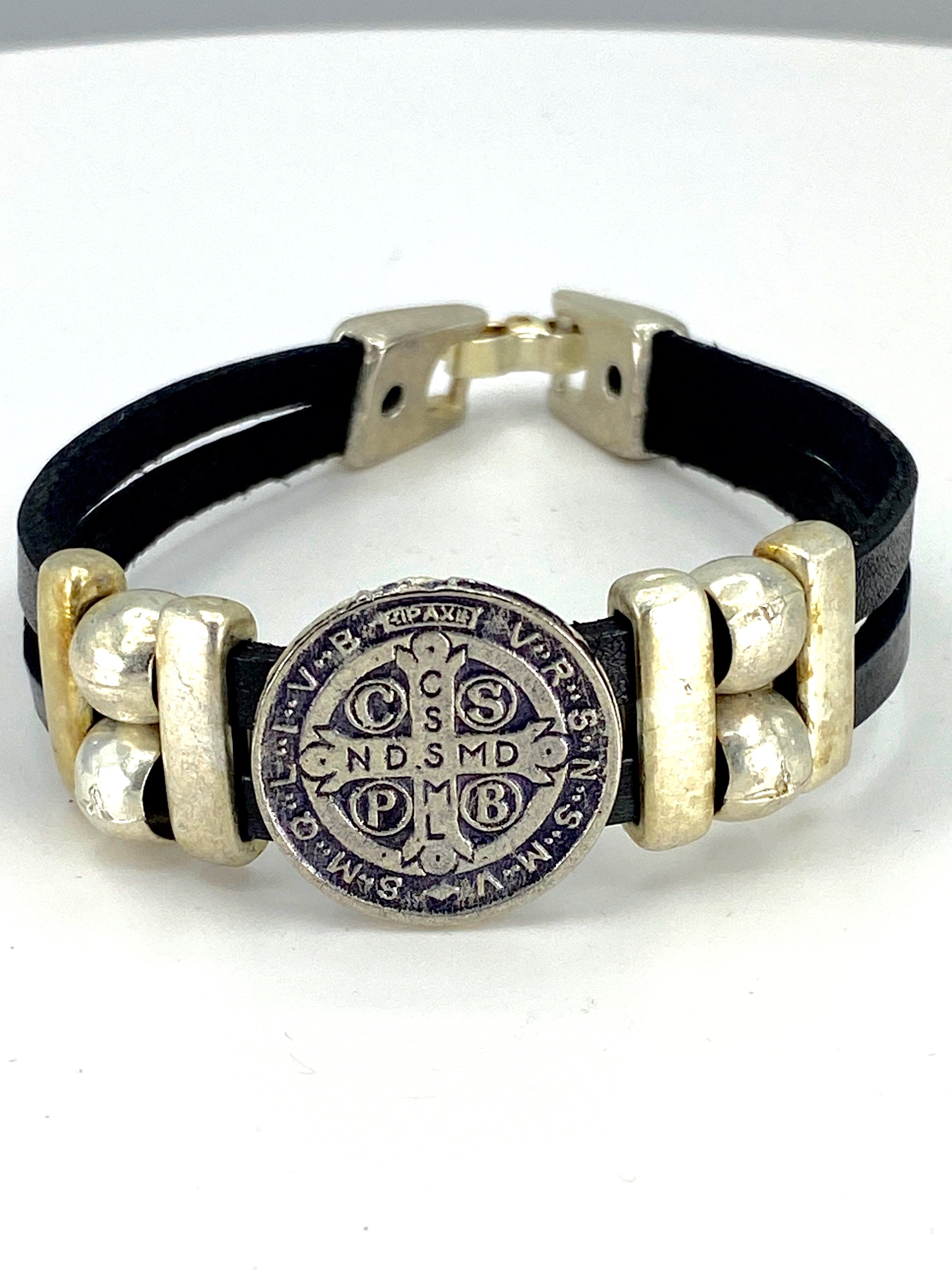 Vintage St. Benedict bracelet handmade jewelry with Double Leather Straps by Graciela's Collection