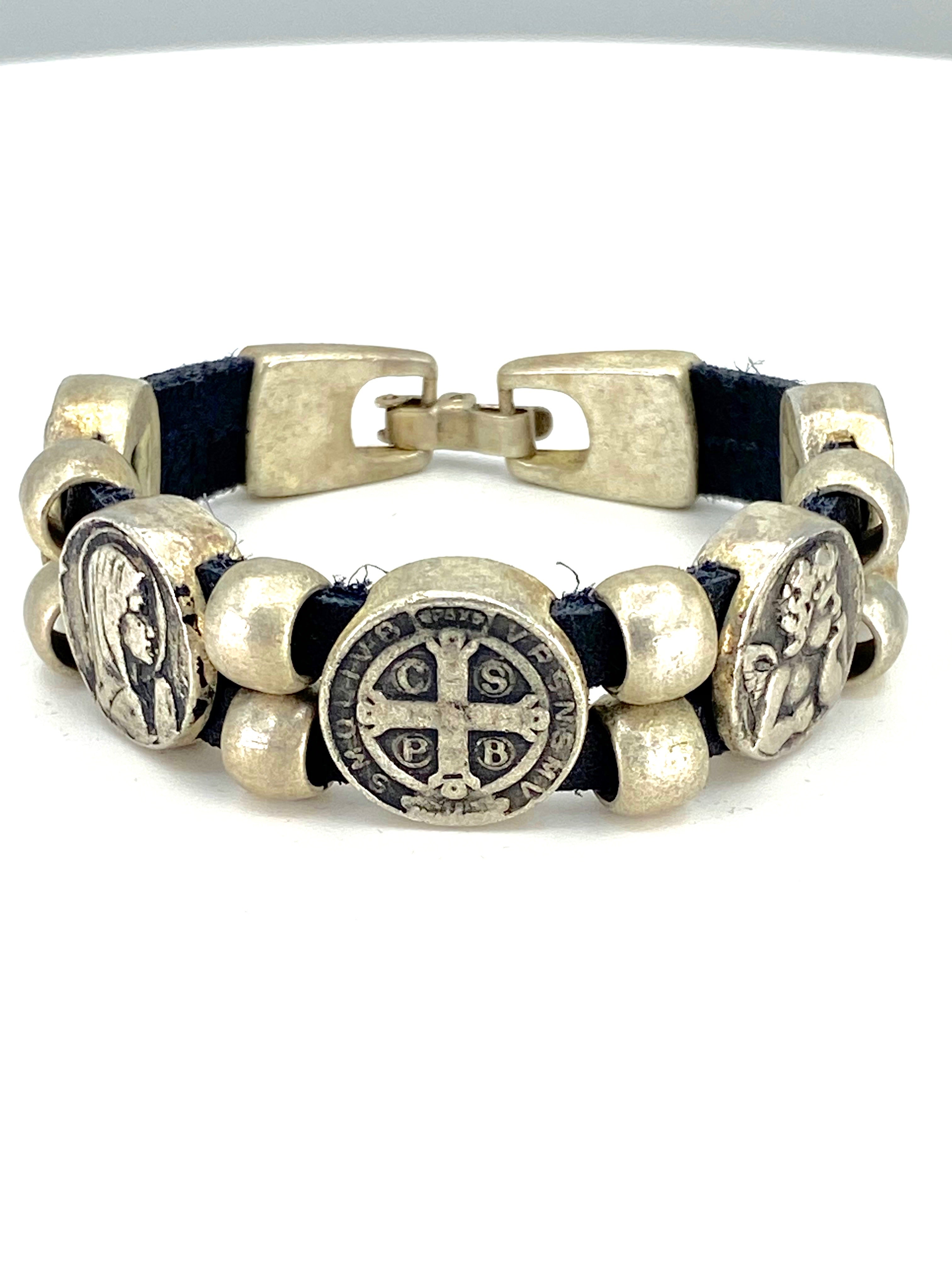 Vintage Bracelet with Double Leather Strap and Medals of The Virgen Mary, St. Benedict, Sacred Heart of Jesus, Guardian Angel, and Holy Spirit  handmade jewelry by Graciela's Collection