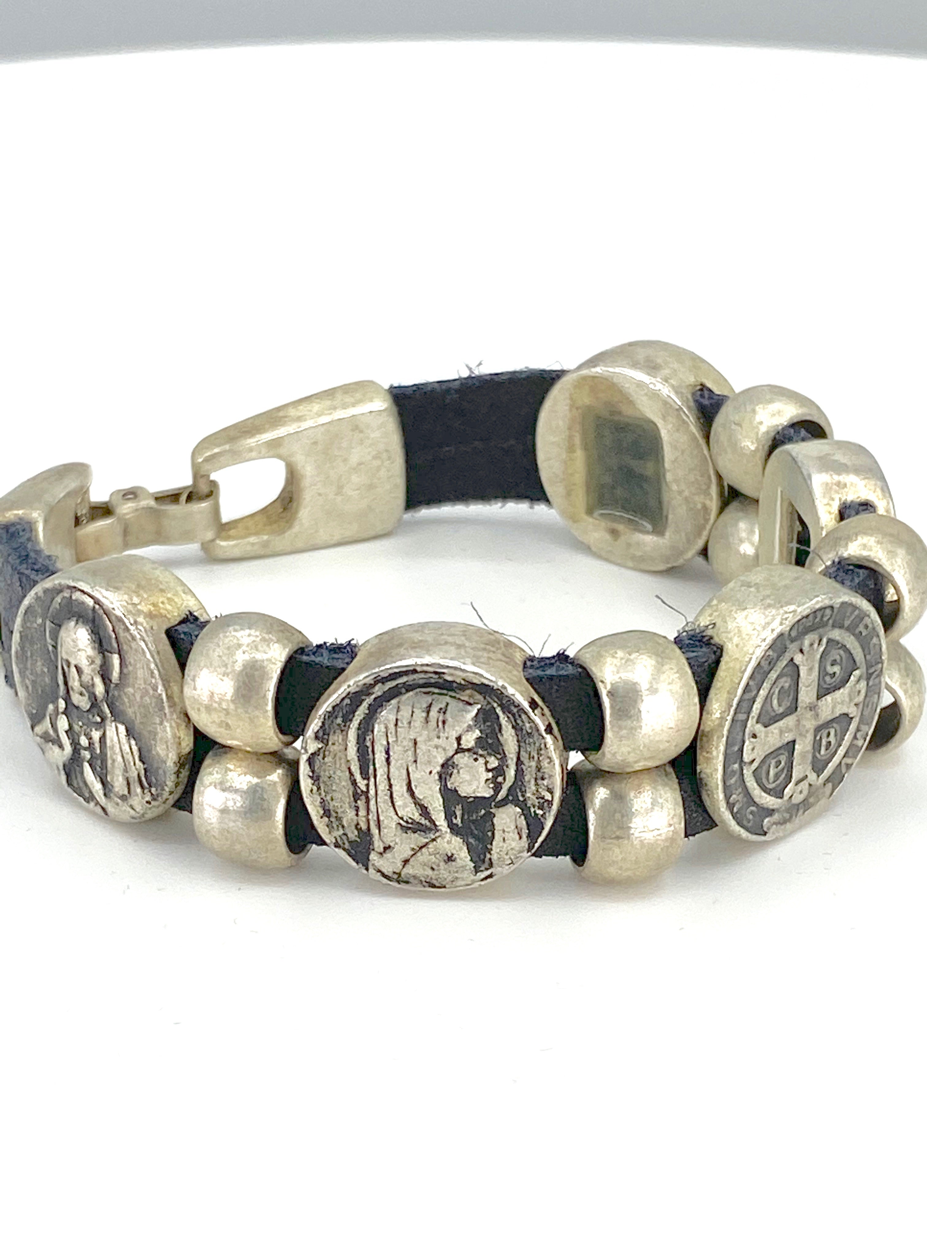 Vintage Bracelet with Double Leather Strap and Medals of The Virgen Mary, St. Benedict, Sacred Heart of Jesus, Guardian Angel, and Holy Spirit  handmade jewelry by Graciela's Collection