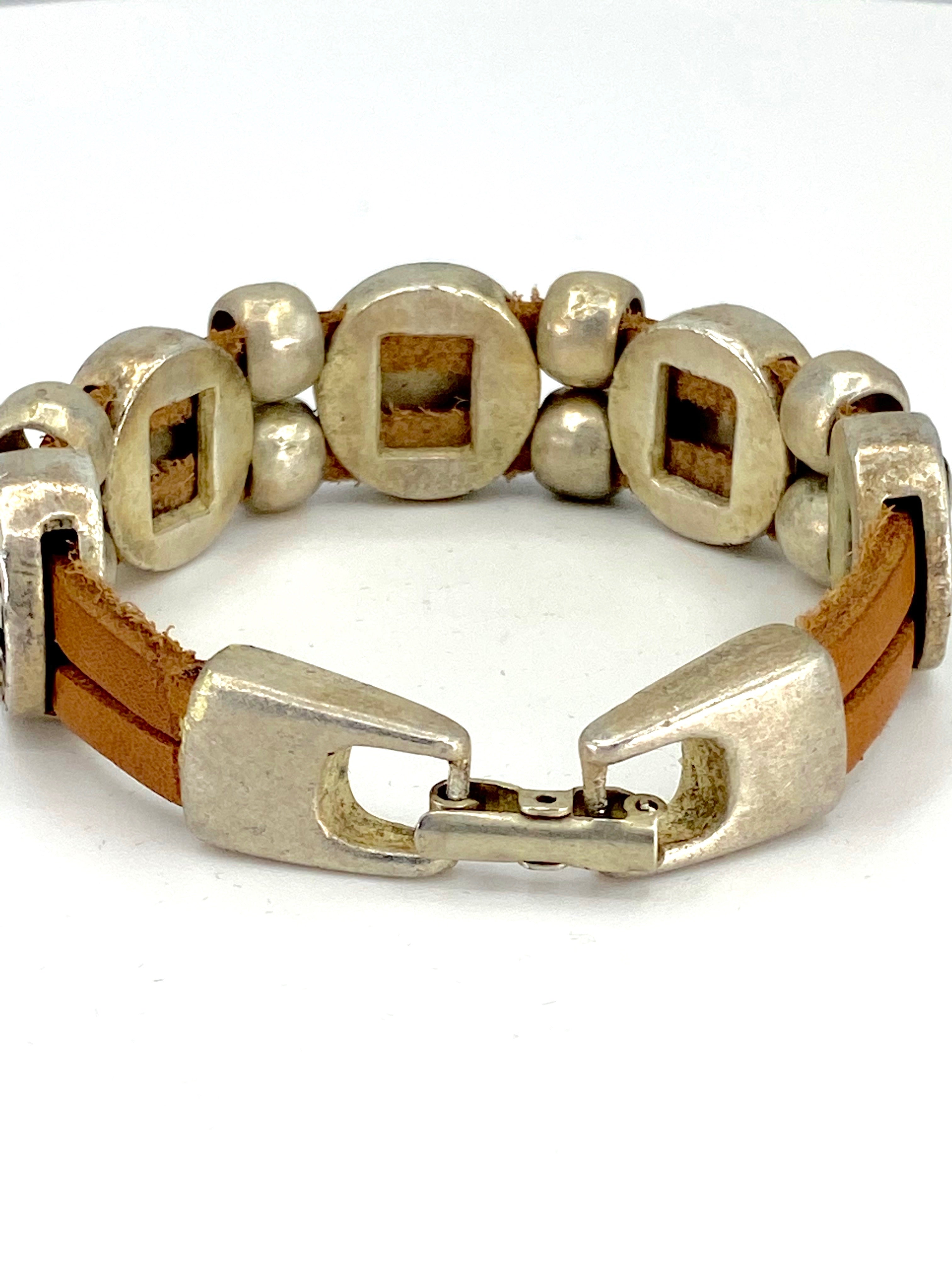 Vintage Bracelet with Double Leather Strap and Medals of The Virgen Mary, St. Benedict, Sacred Heart of Jesus, Guardian Angel, and Holy Spirit  handmade jewelry by Graciela's Collection