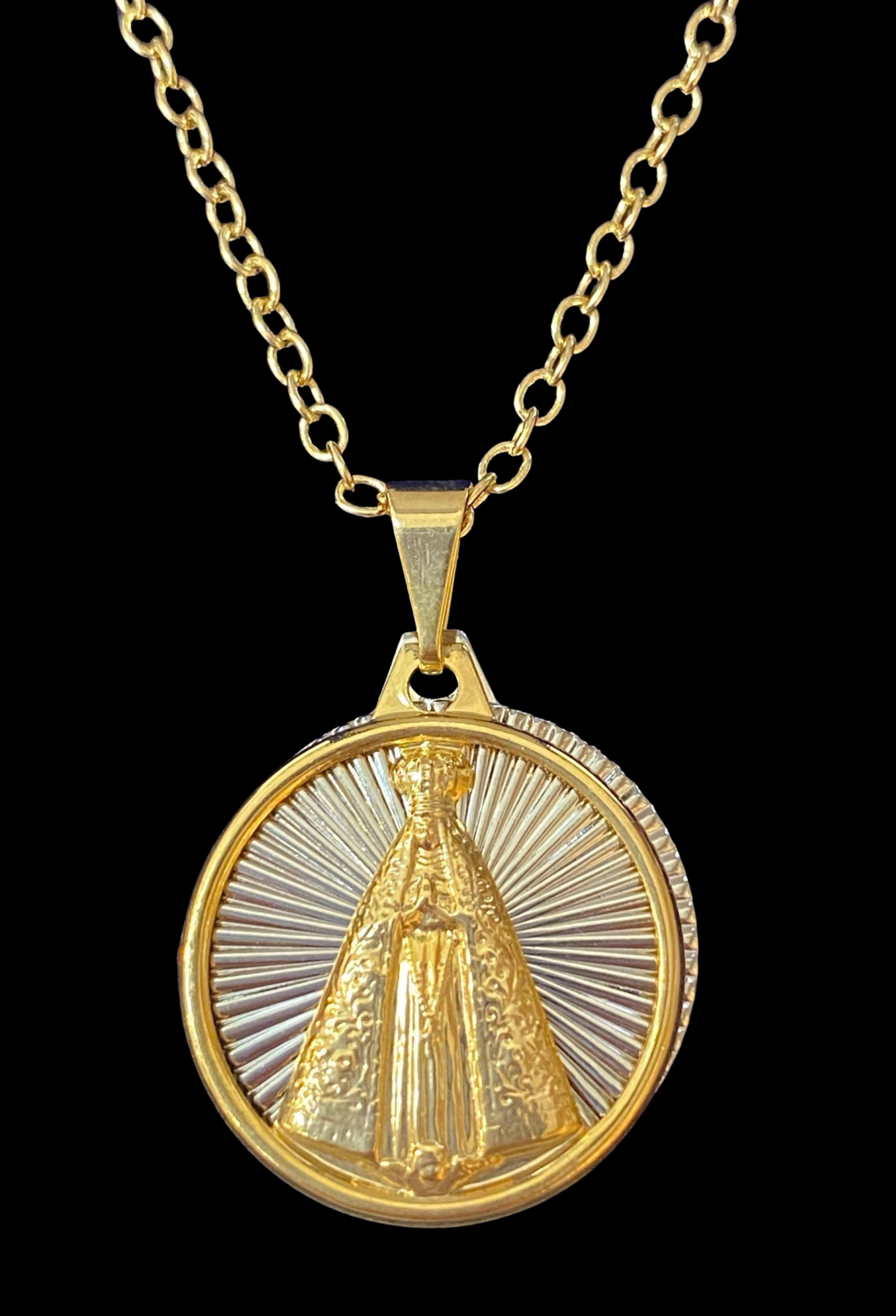 Medalla doble Caridad del Cobre con cadena Oro 18 K Sobre Plata de Ley