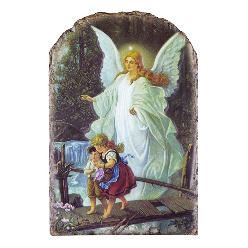 Placa de mosaico arqueada con soporte de alambre en forma de ángel guardián