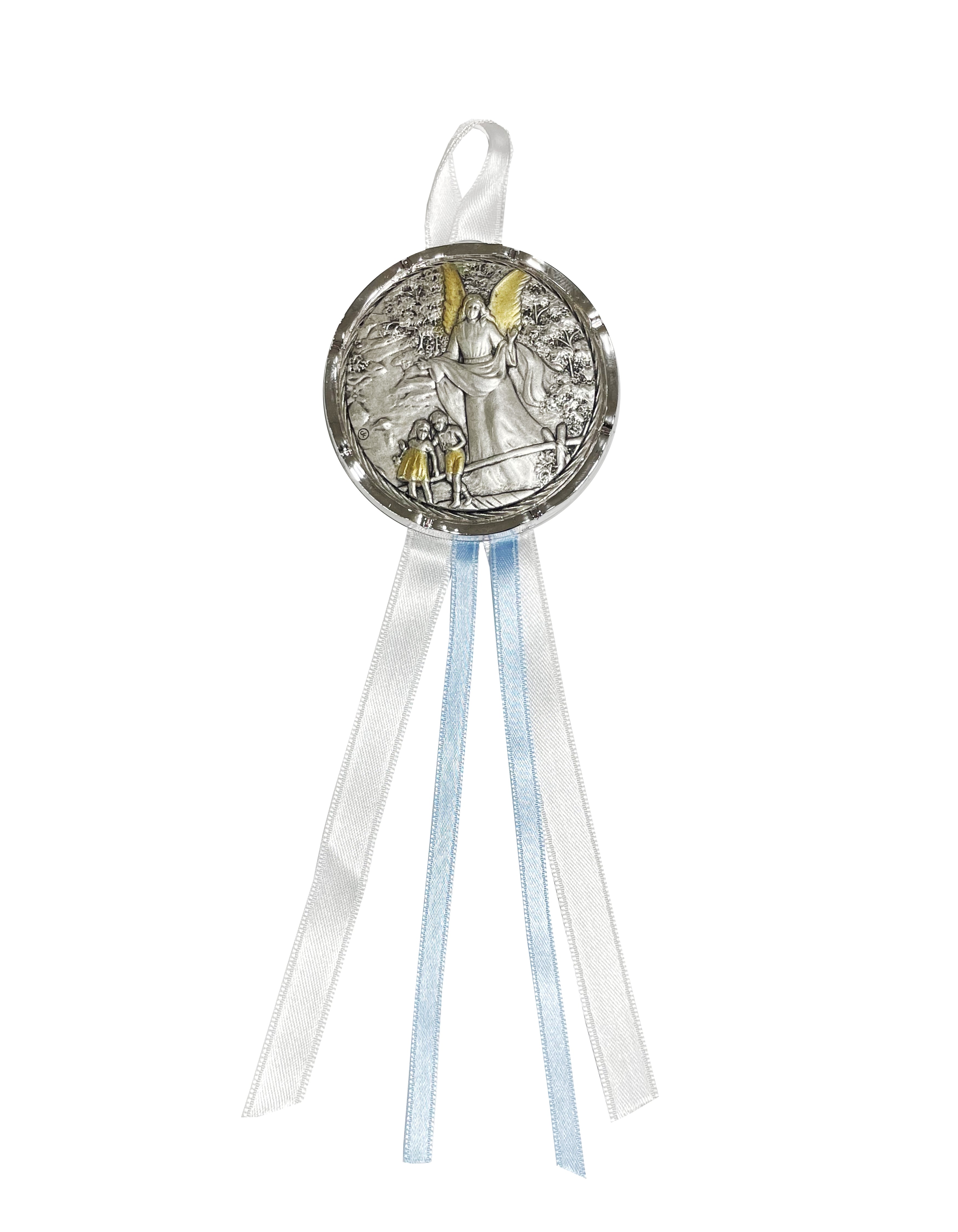 Medalla de cuna del Ángel de la Guarda, redonda decorada con cinta de seda