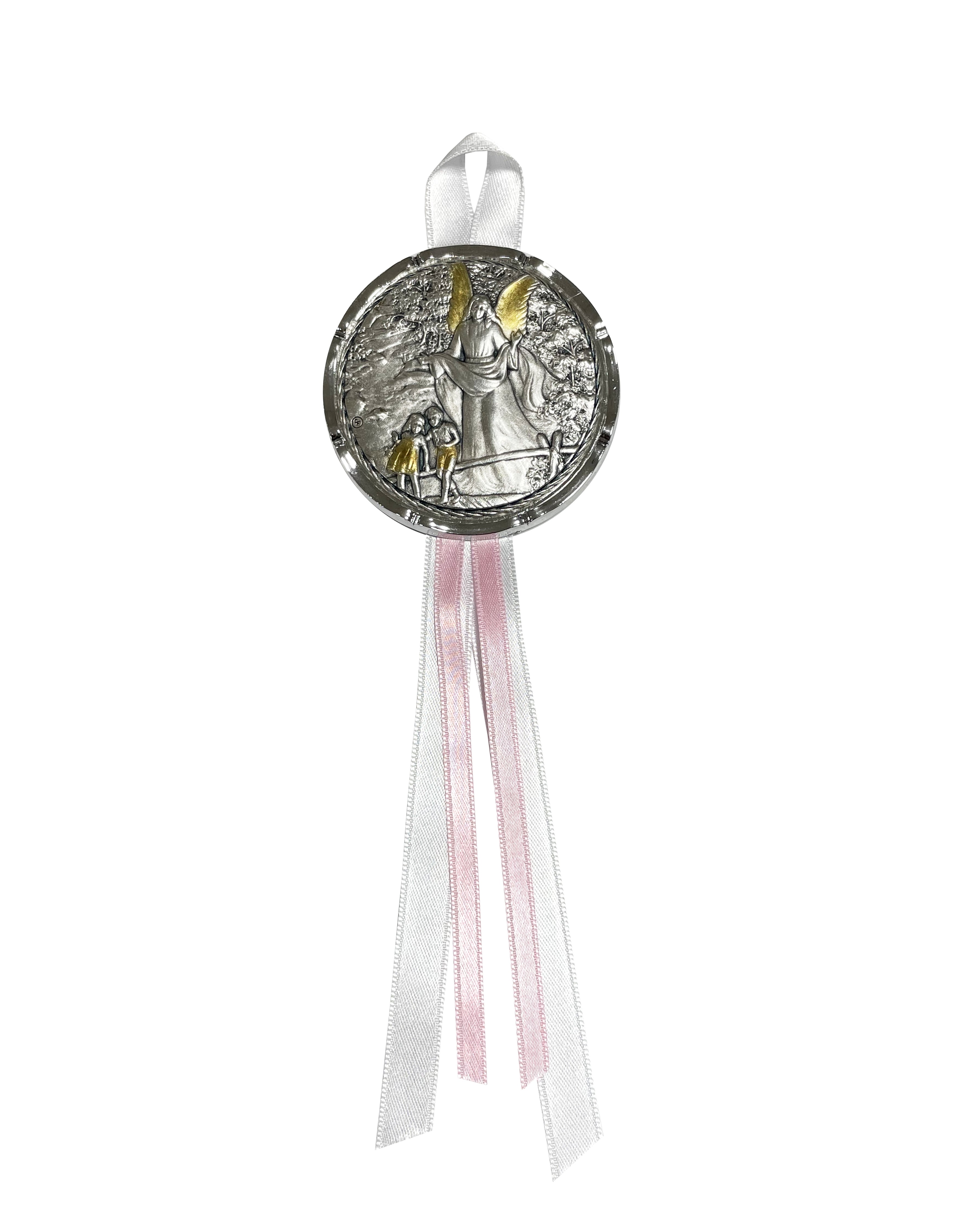 Medalla de cuna del Ángel de la Guarda, redonda decorada con cinta de seda