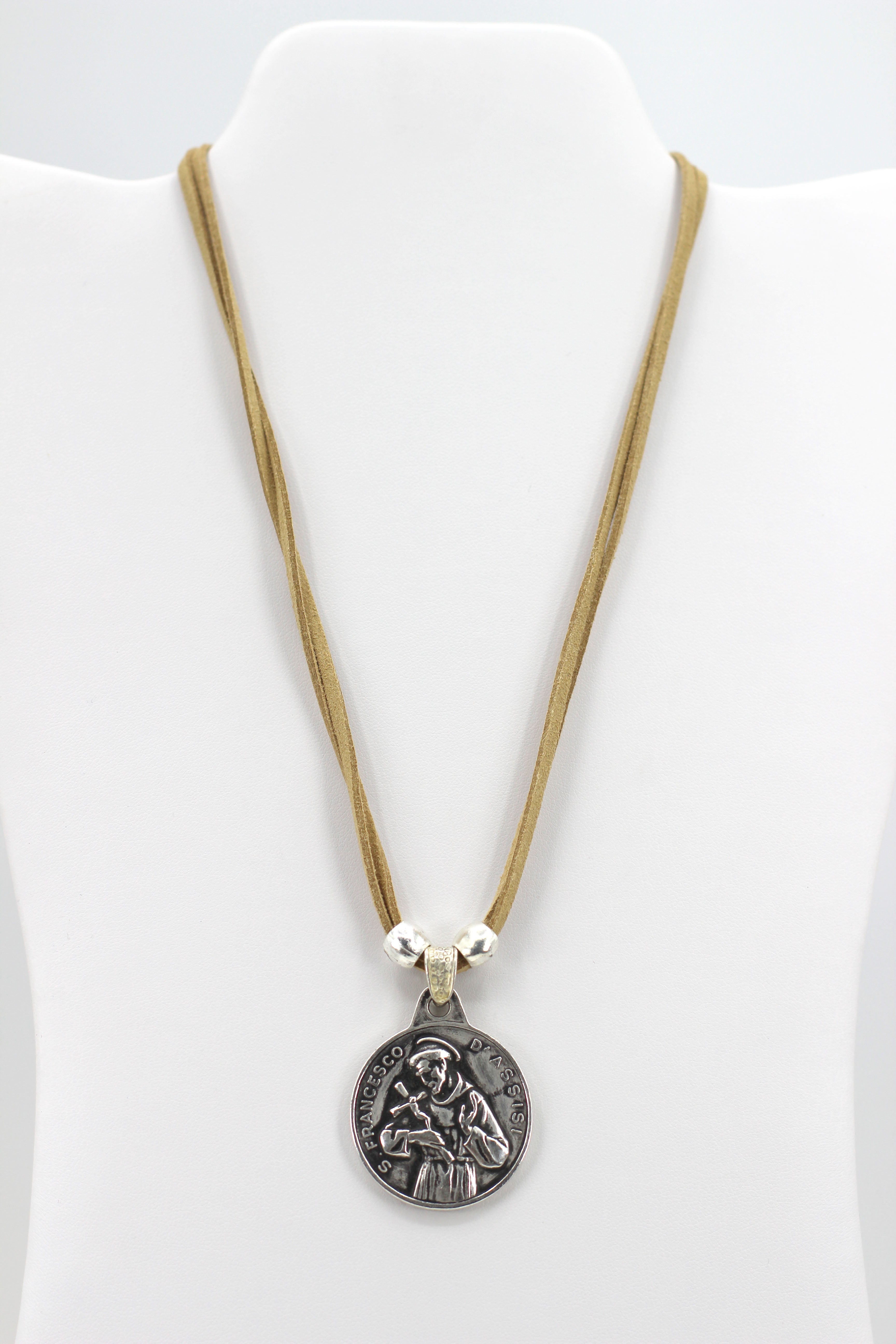 Vintage Necklace of Saint Francis of Assisi Handmade Jewelry with Genuine Leather strap by Graciela's Collection