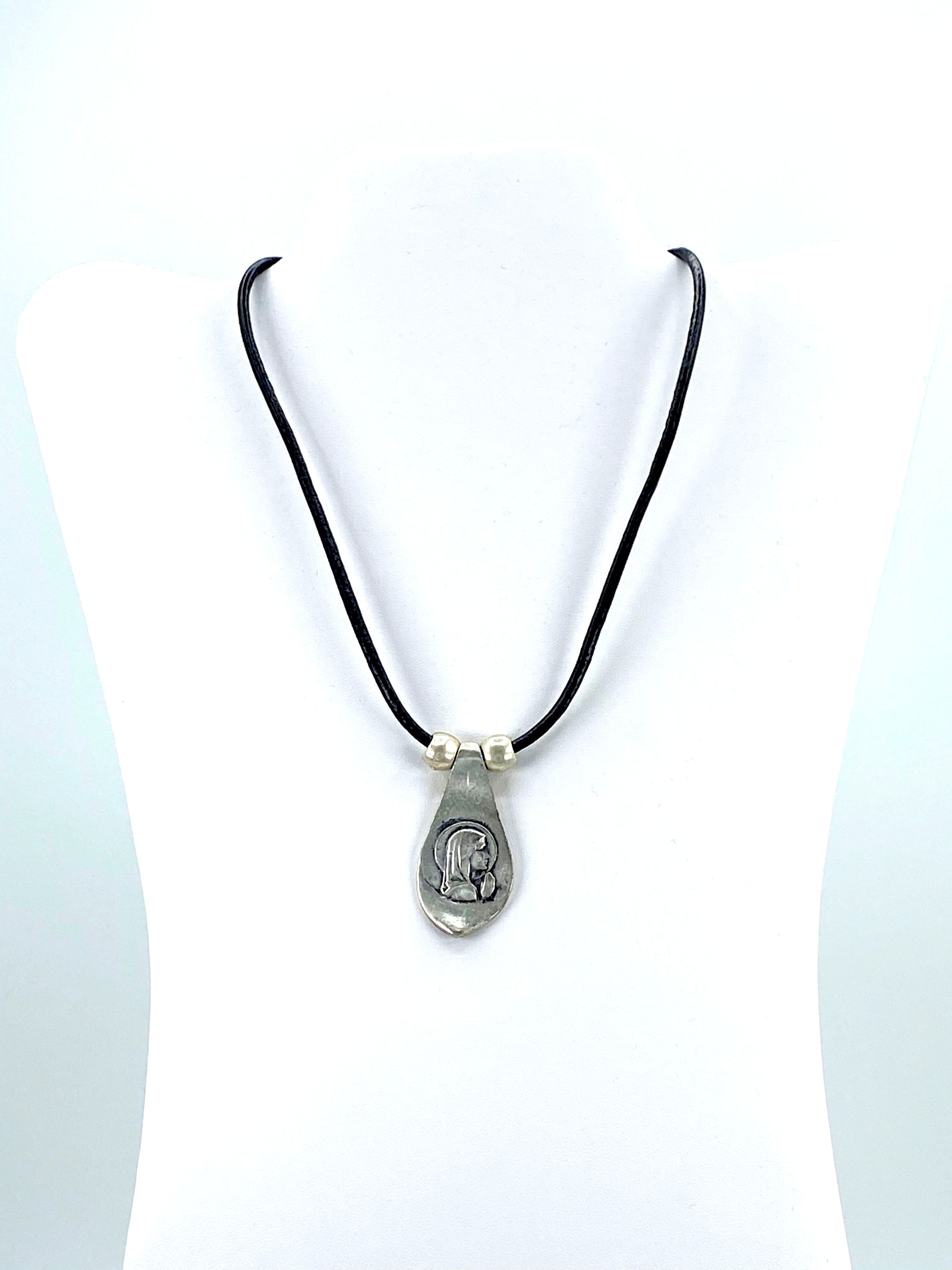 Vintage Virgin Mary Necklace  Handmade Jewelry with Genuine Leather Straps by Graciela's Collection