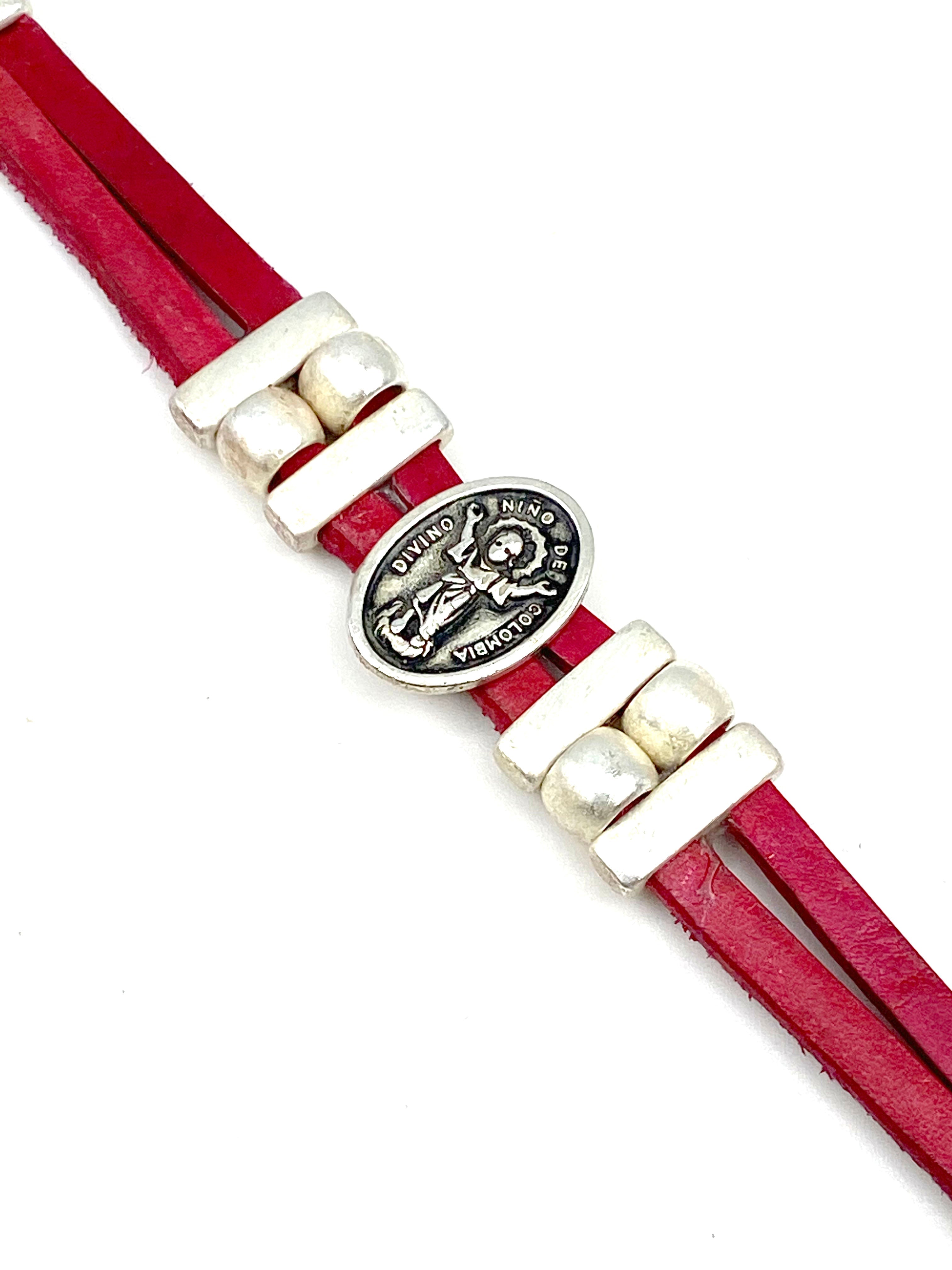 Bracelet Divino Nino Jesus bracelet handmade jewelry with Genuine Double Leather straps by Graciela's Collection
