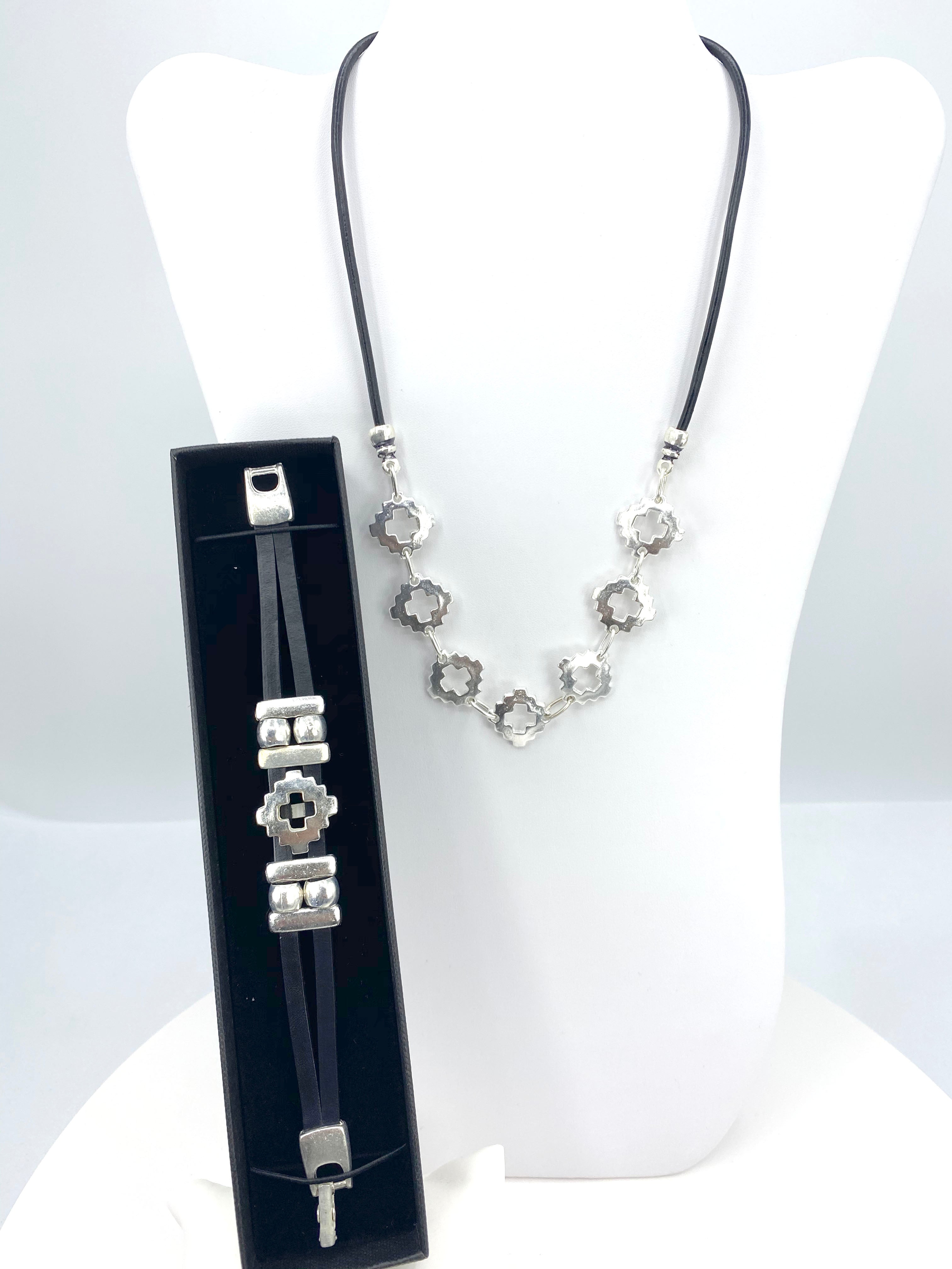 Vintage Cross Necklace and Bracelet Set  Handmade Jewelry in Argentina  with Genuine Leather Strap by Graciela's Collection