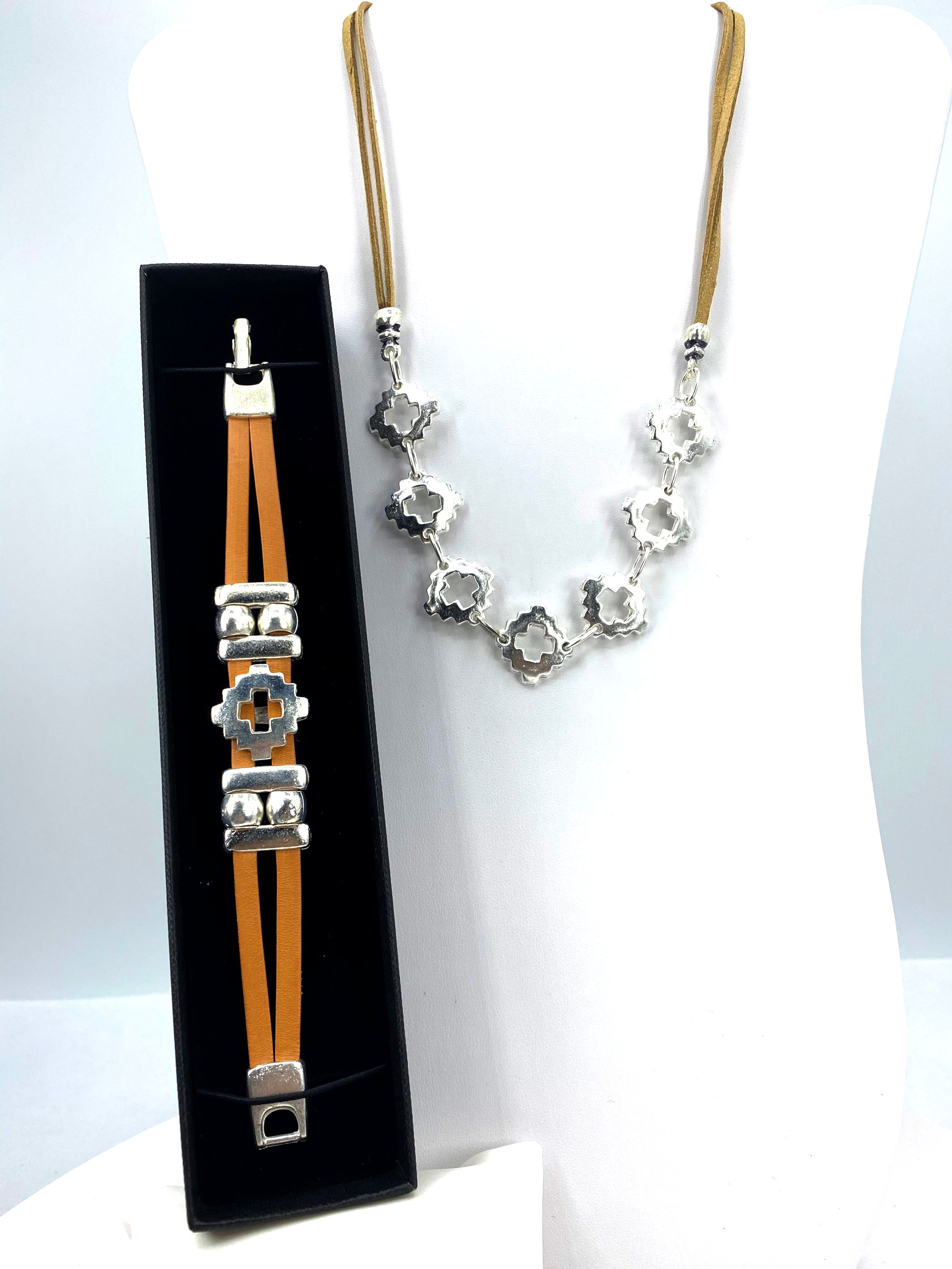 Vintage Cross Necklace and Bracelet Set  Handmade Jewelry in Argentina  with Genuine Leather Strap by Graciela's Collection