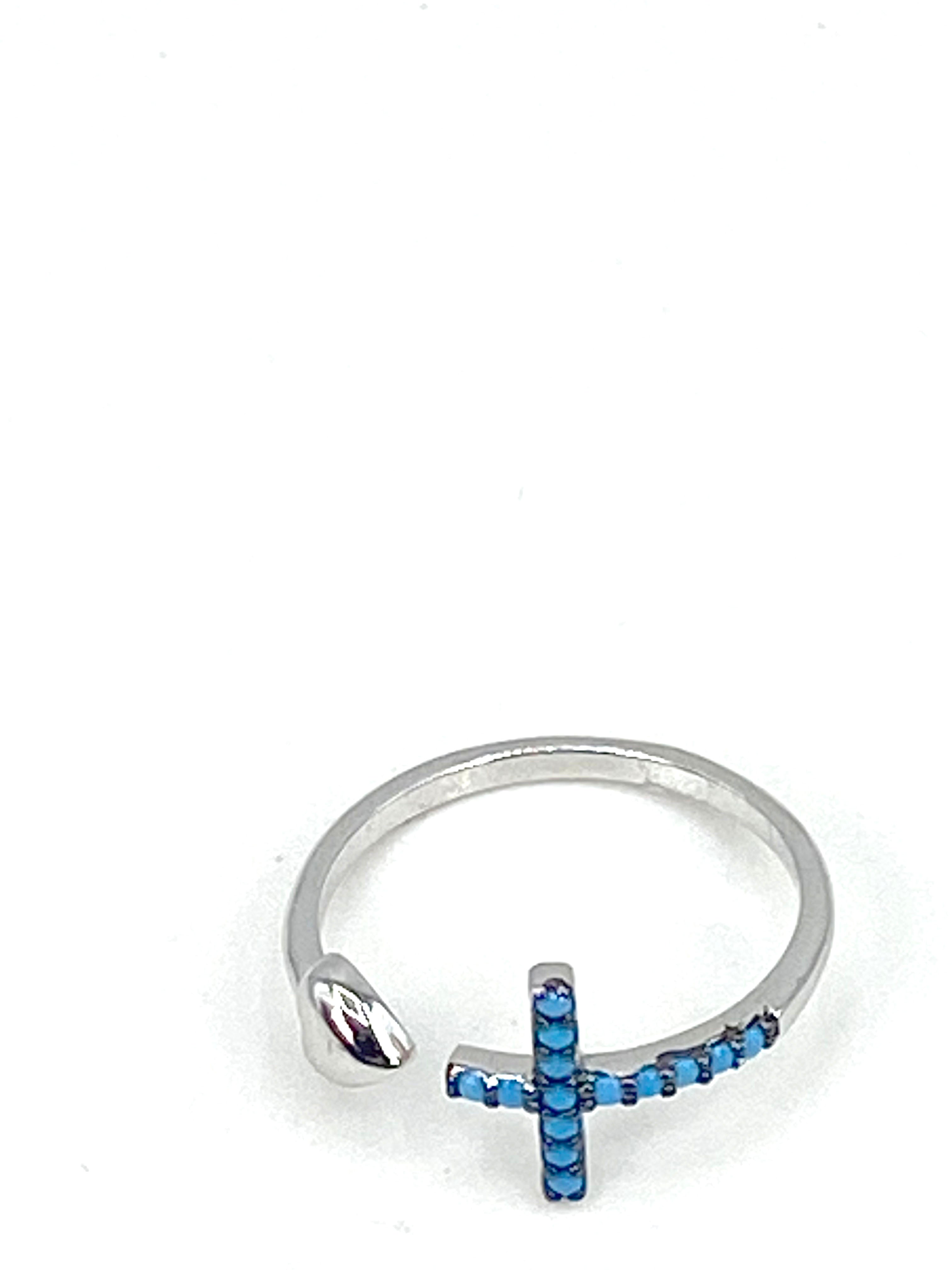 Ring with a Heart and a Turquoise Beads Cross - open back ring