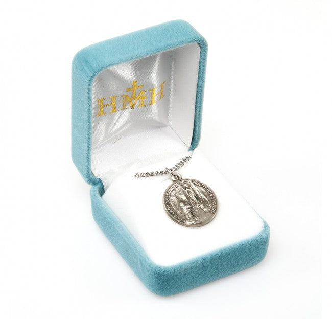Medalla redonda de plata de ley de Nuestra Señora de Lourdes
