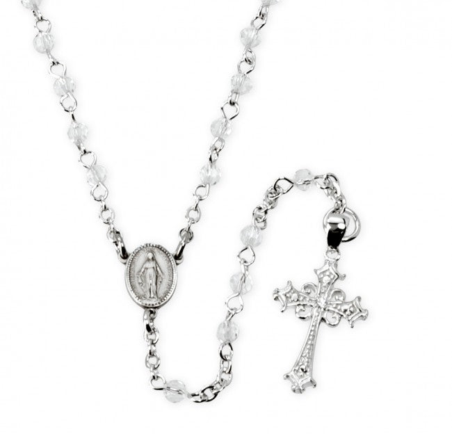 Collar rosario de plata de ley con cuentas de cristal transparente