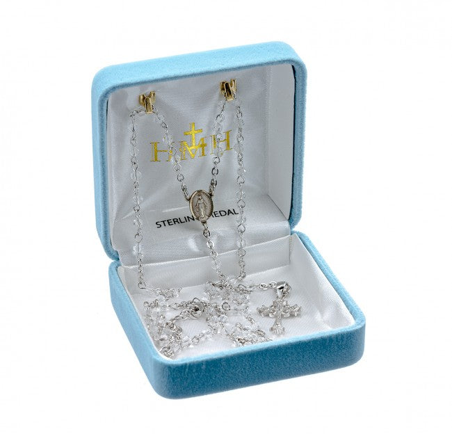 Collar rosario de plata de ley con cuentas de cristal transparente