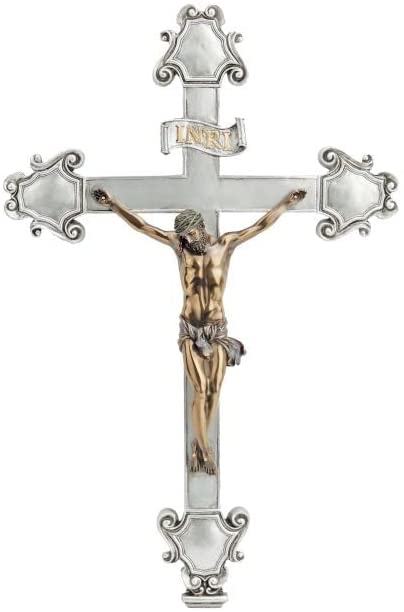 Crucifijo adornado católico y religioso en acabado de dos tonos. Cuerpo de bronce fundido en frío sobre una cruz estilo peltre con borde dorado