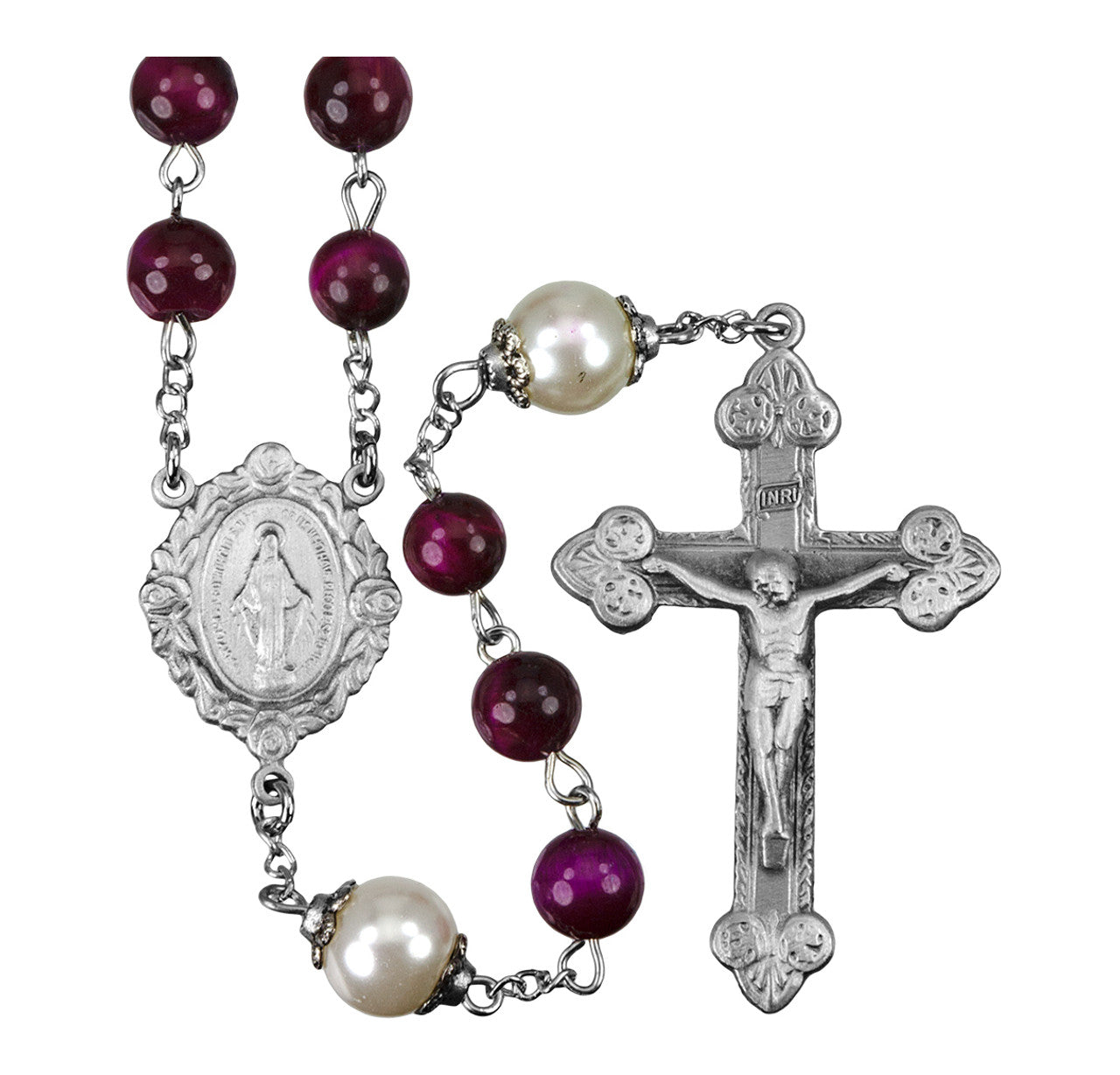Rosario de cuentas de piedras preciosas de ojo de tigre teñido de fucsia elaborado con crucifijo y pieza central de peltre genuino