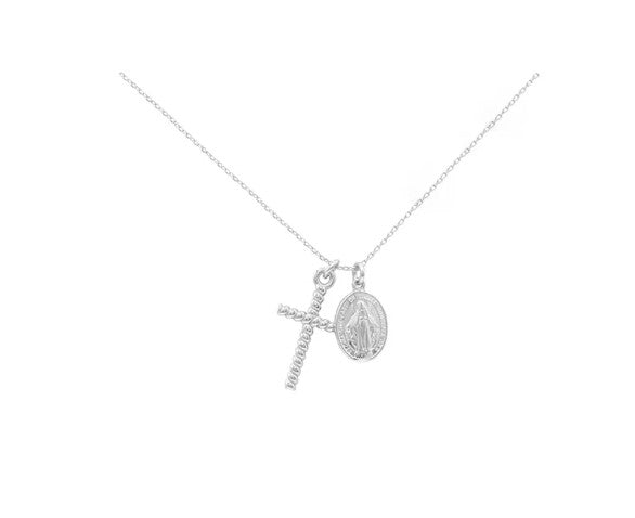 Collar de Plata de Ley 925 con Cruz y Medalla Milagrosa