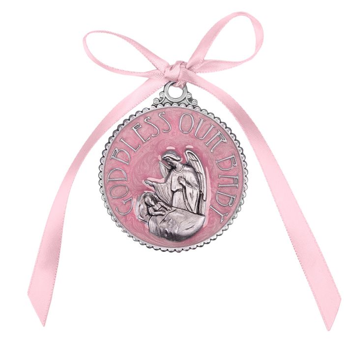 Medalla de cuna con resina epoxi rosa de 2 1/4" en caja