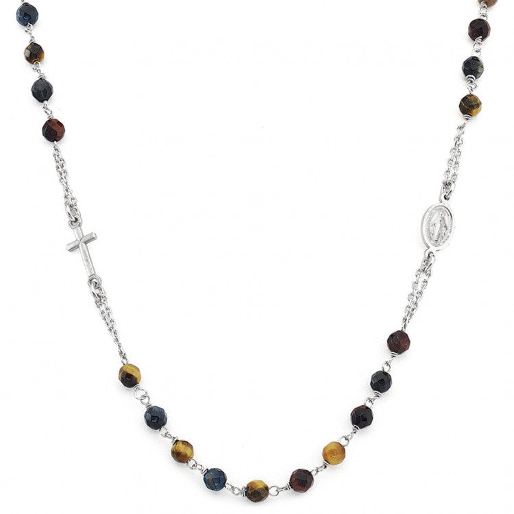 Collar con cruz de ojo de tigre y rosario redondo