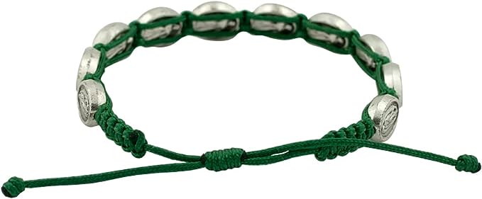 Pulsera tejida de Nuestra Señora de Guadalupe | Cordón verde resistente | 10 cuentas de medalla | Ajustable 
