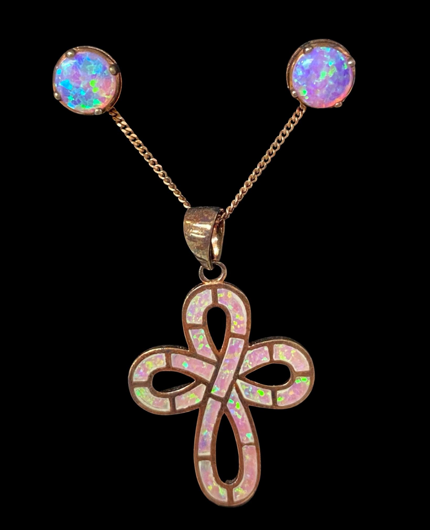 Cruz de Ópalo Chapada en Oro Rosa.925 con Collar Colgante de Plata de Ley con Pendientes a Juego.