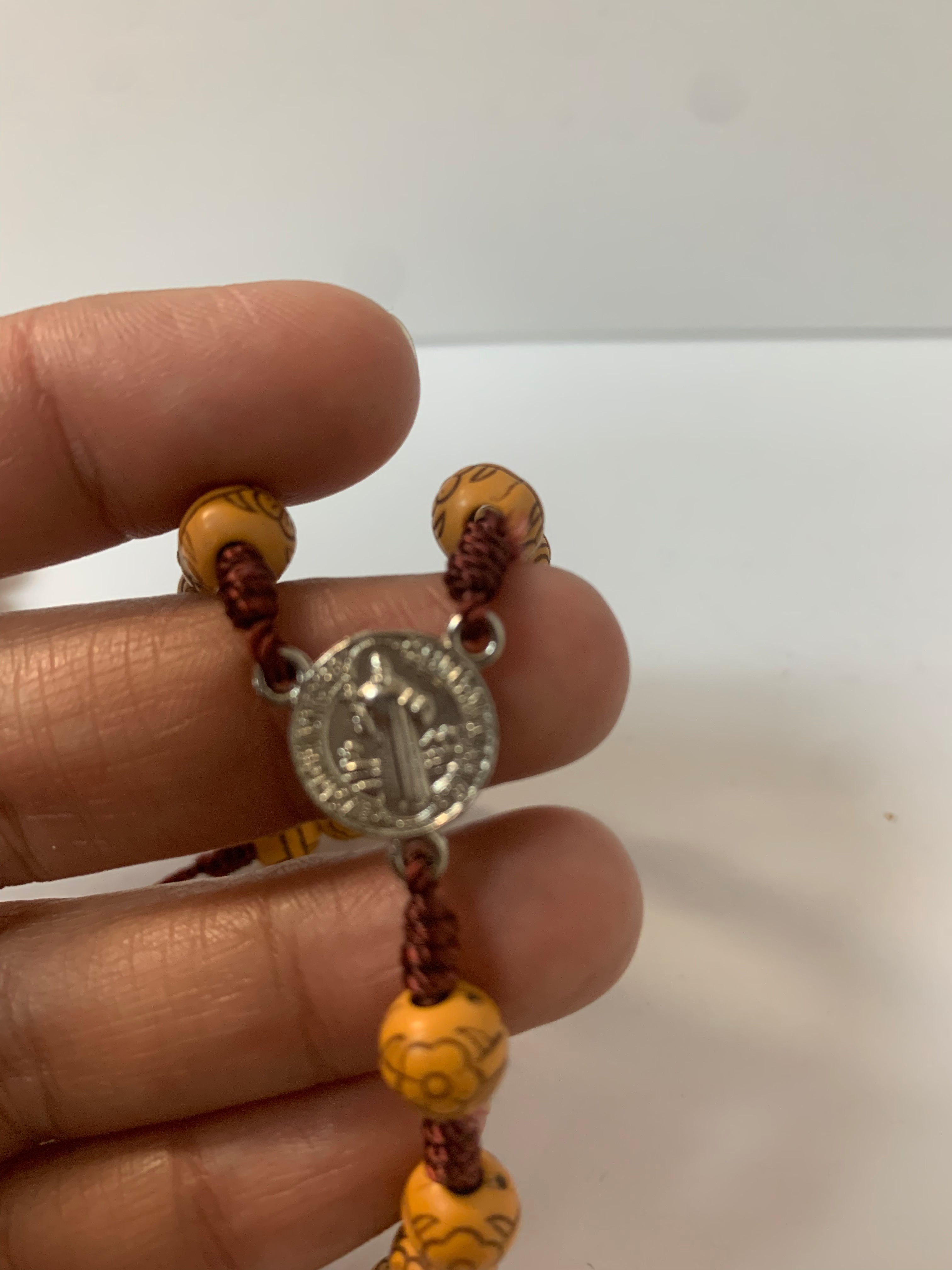 St Benedict flower carved wood beads Rosary
