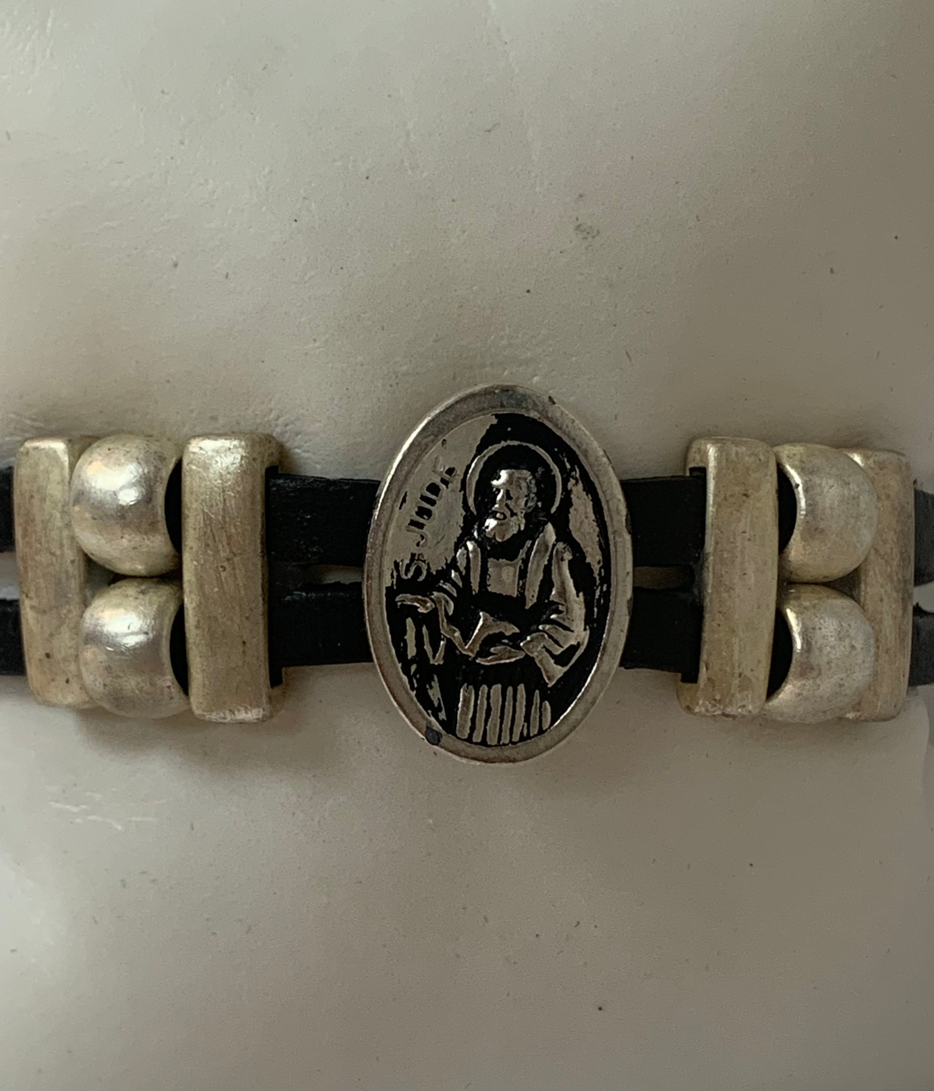 Bracelet of Saint Jude Medal handmade jewelry with Double Leather Straps by Graciela's Collection